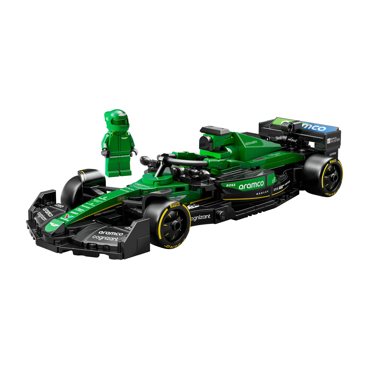 Zielony samochód Formuły 1 Lego z minifigurką kierowcy.