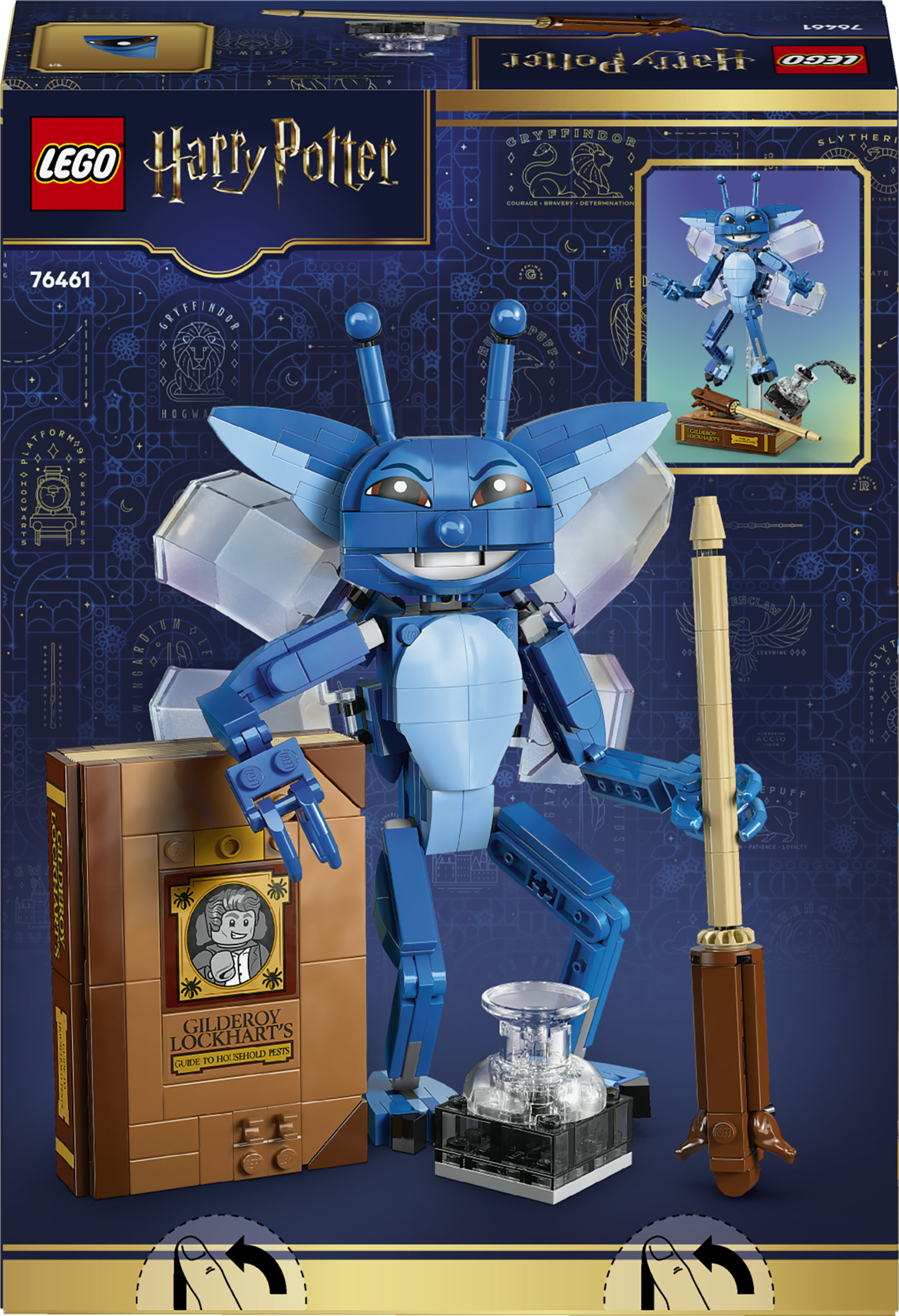 Zestaw LEGO Harry Potter z niebieską postacią, książką i różdżką na ciemnym tle.