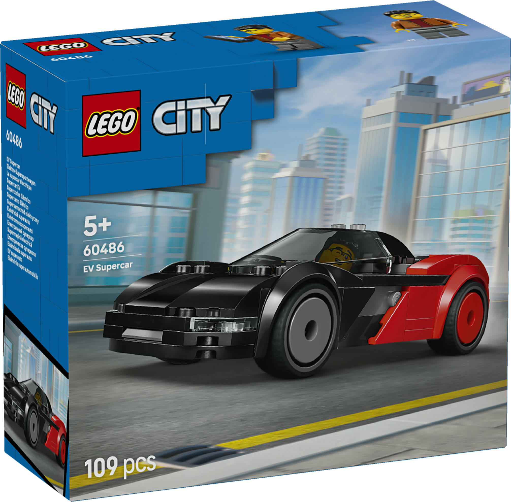 Zestaw LEGO City EV Supercar 60486. Czarny samochód sportowy z czerwonymi akcentami.