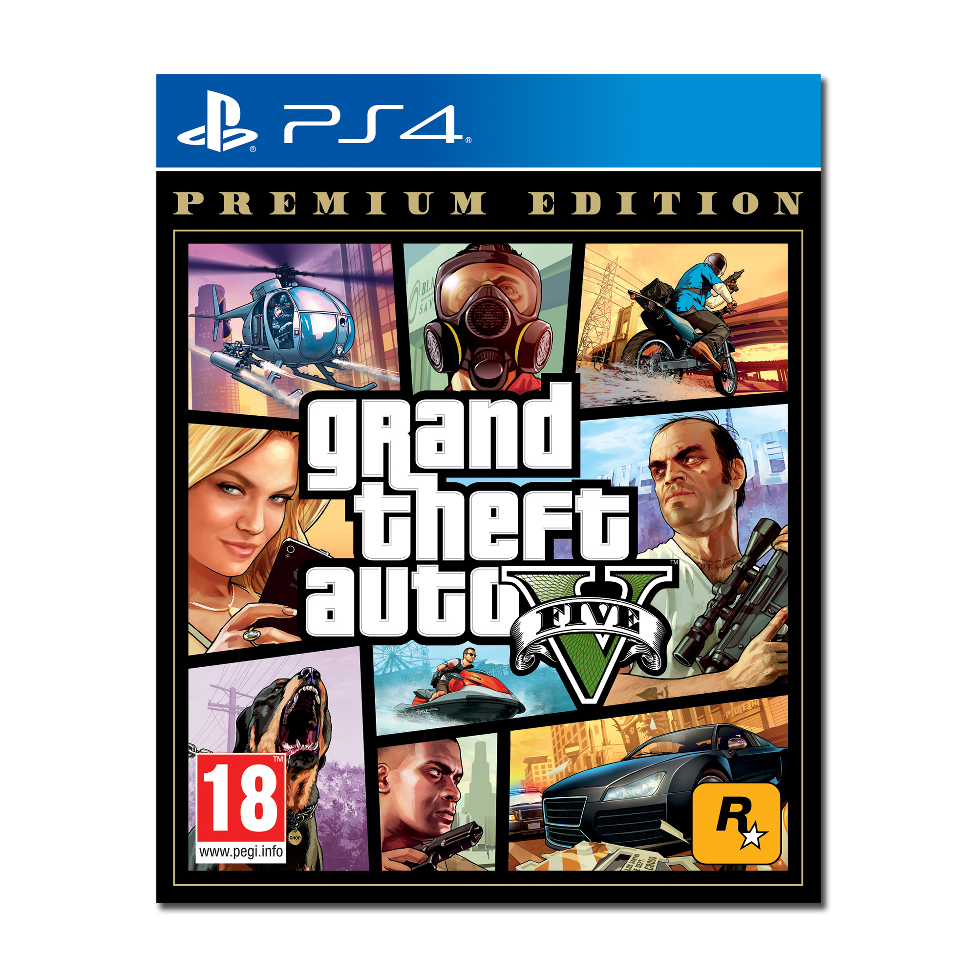 Copertina PS4 Grand Theft Auto V Premium Edition con scene: elicottero, maschera, moto, donna, cane, moto d'acqua, uomo con pistola, auto.
