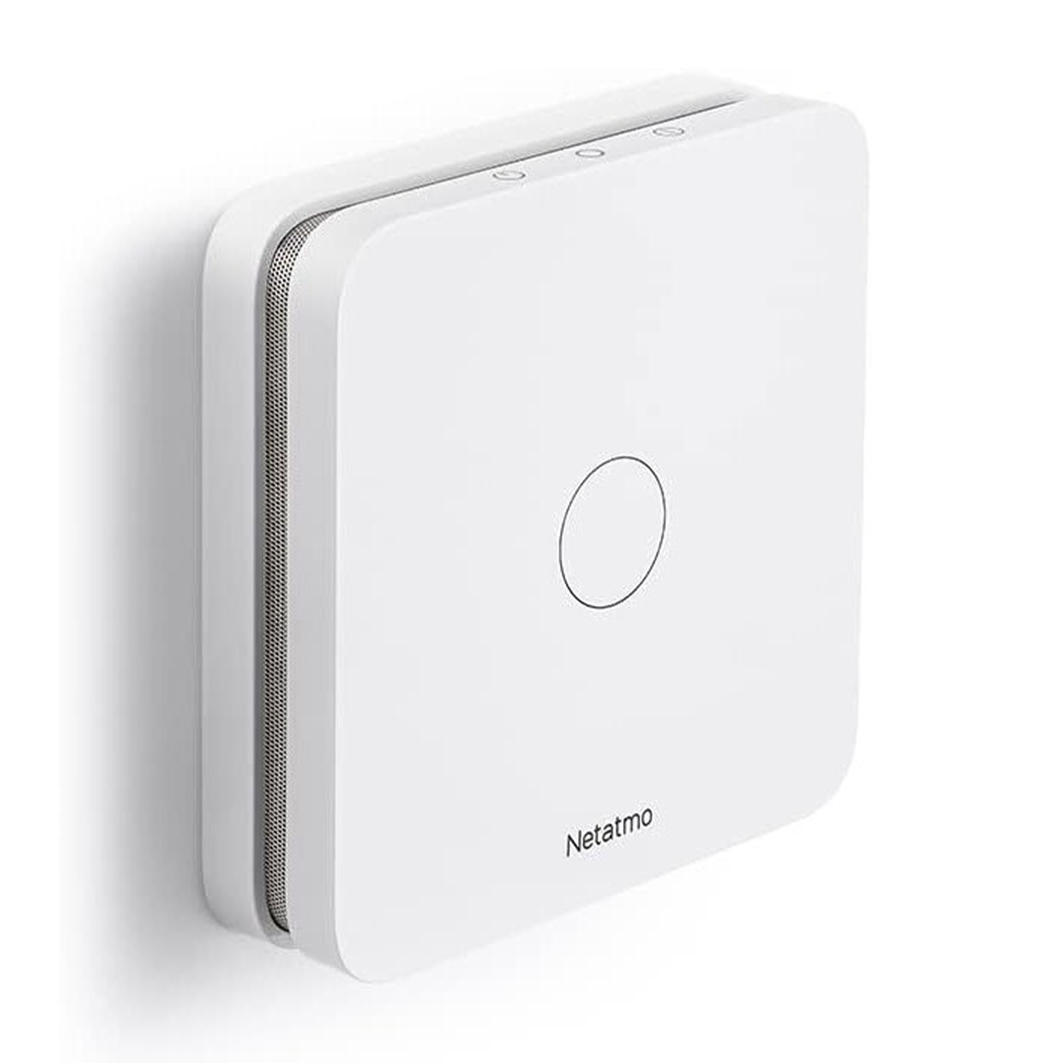 Białe urządzenie Netatmo zamontowane na ścianie, z otworami wentylacyjnymi i kółkiem.