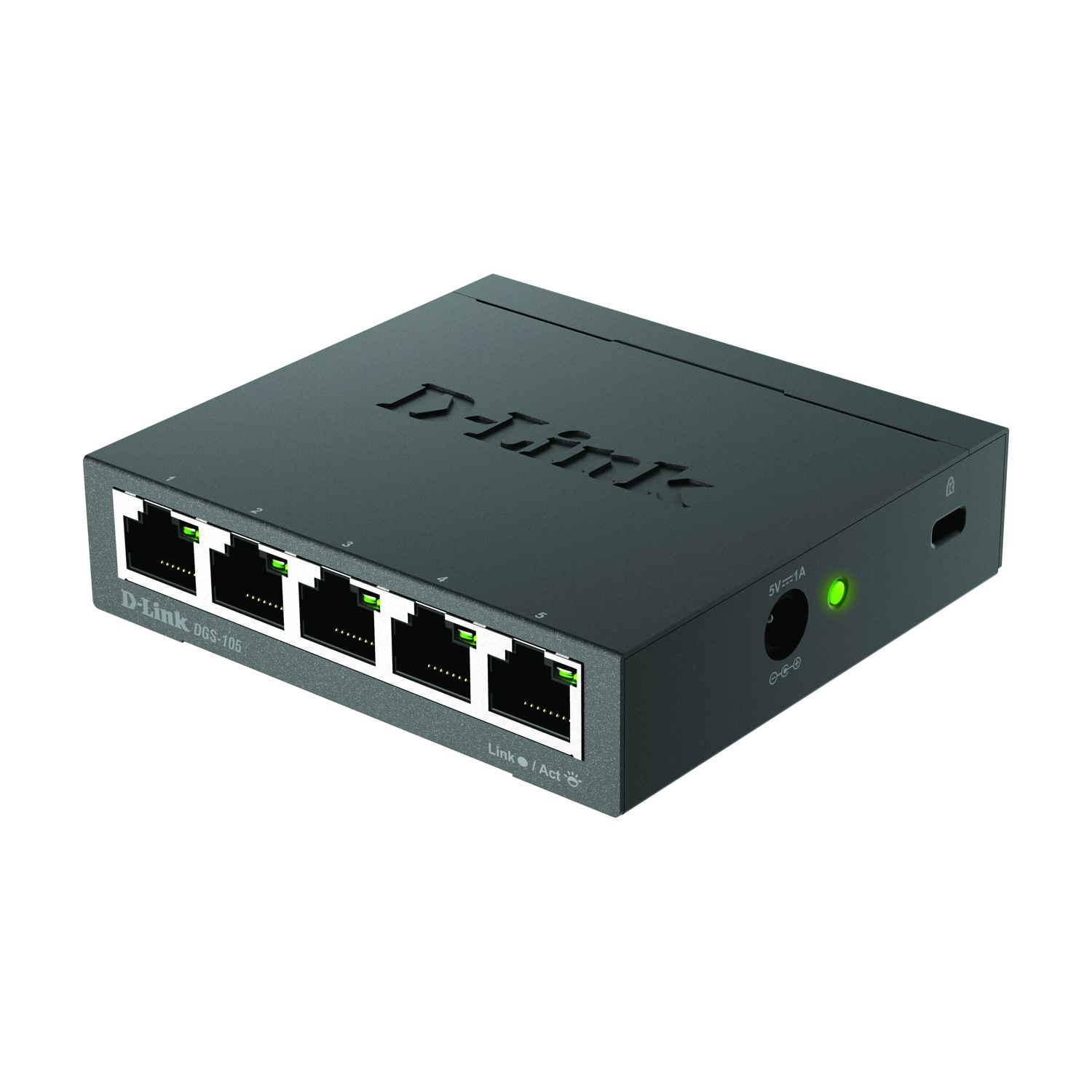A black D-Link 5-port Gigabit switch with green LED and power input.