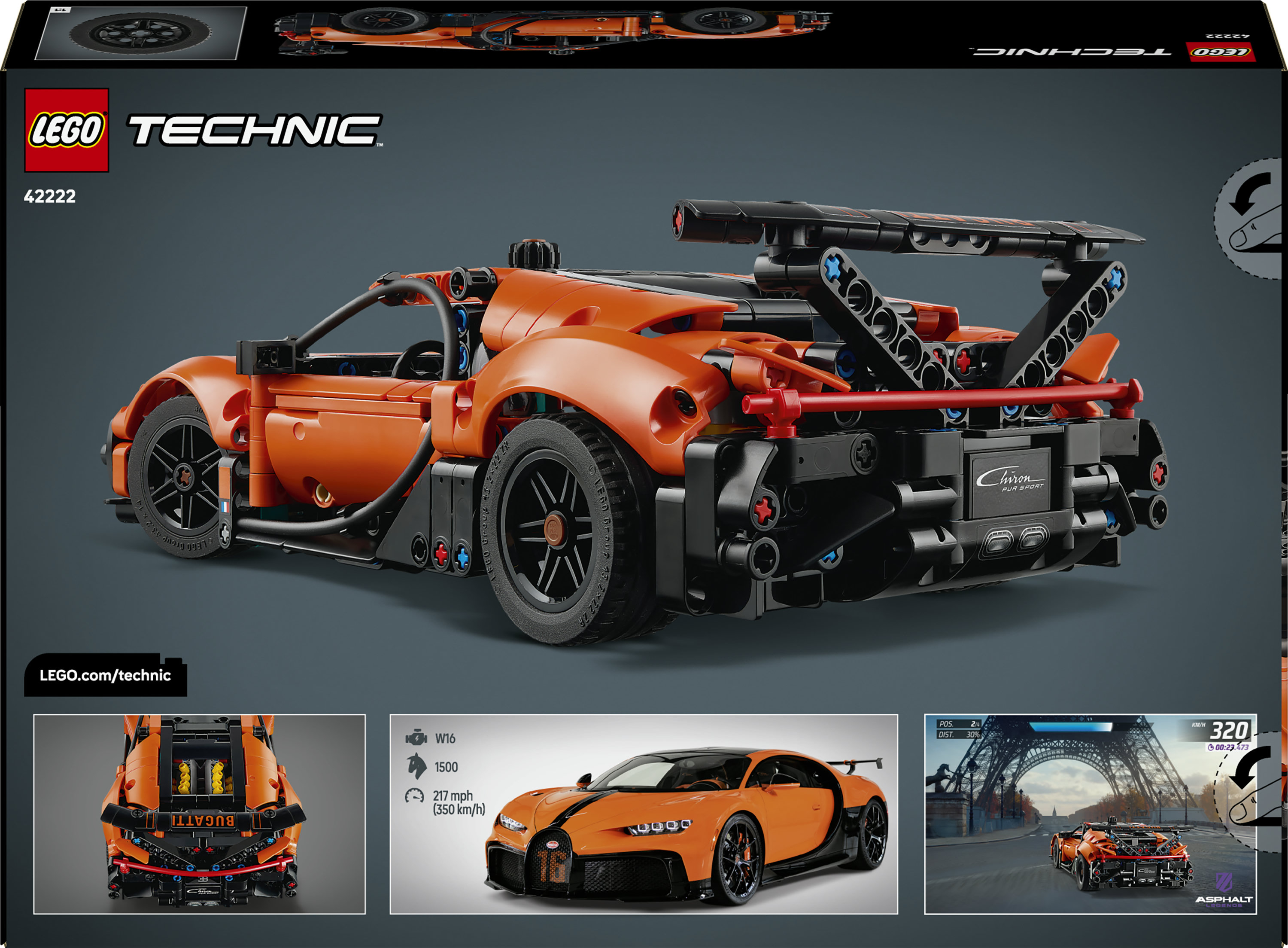 Pomarańczowy Lego Technic Bugatti Chiron Sport z czarnym spoilerem i kołami.