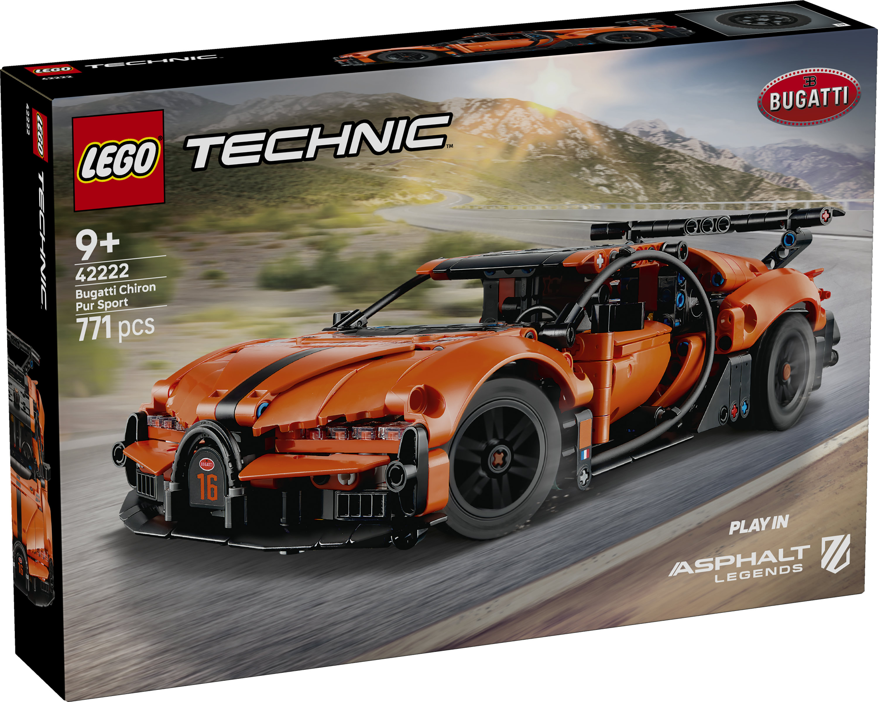 Pudełko Lego Technic Bugatti Chiron Pur Sport z pomarańczowym autem.