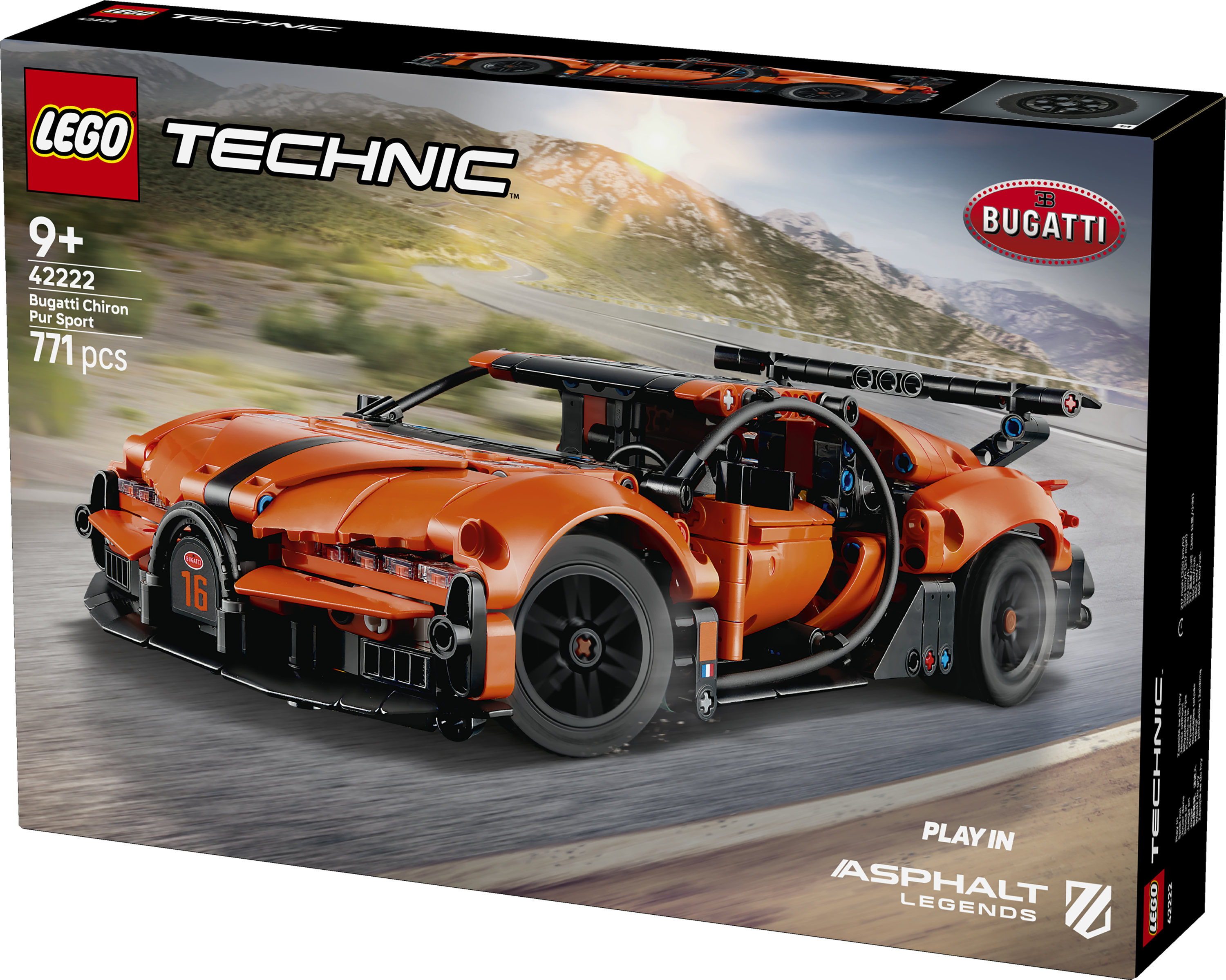 Model LEGO Technic Bugatti Chiron na górskiej drodze.