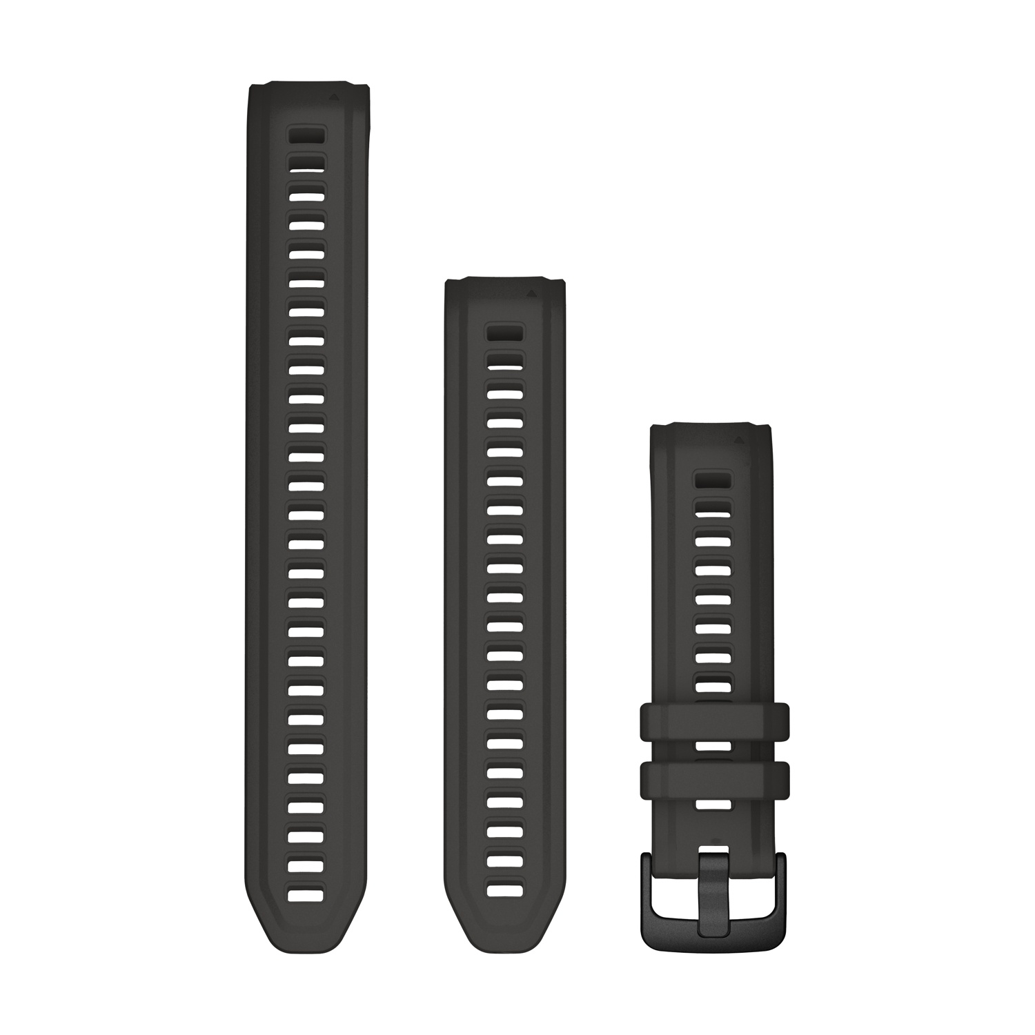 Drei schwarze Uhrenarmbänder unterschiedlicher Länge, vertikal auf weißem Hintergrund.