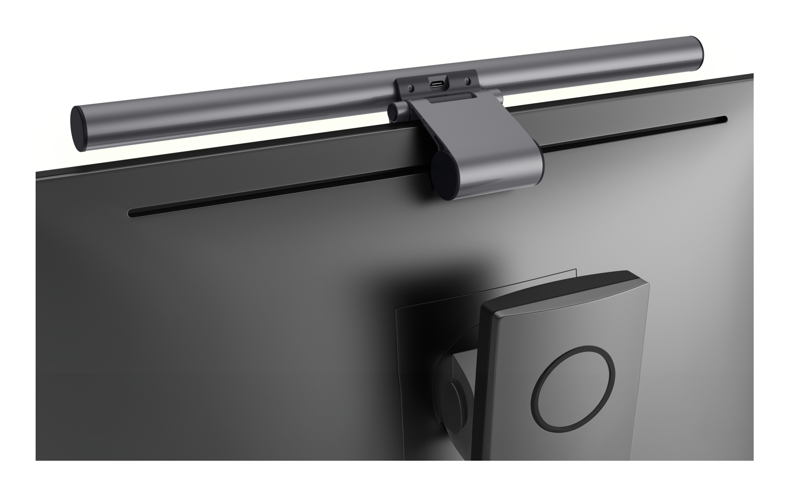 Ein schmaler, dunkler Monitor mit einer daran befestigten Leuchte und einem USB-Anschluss.