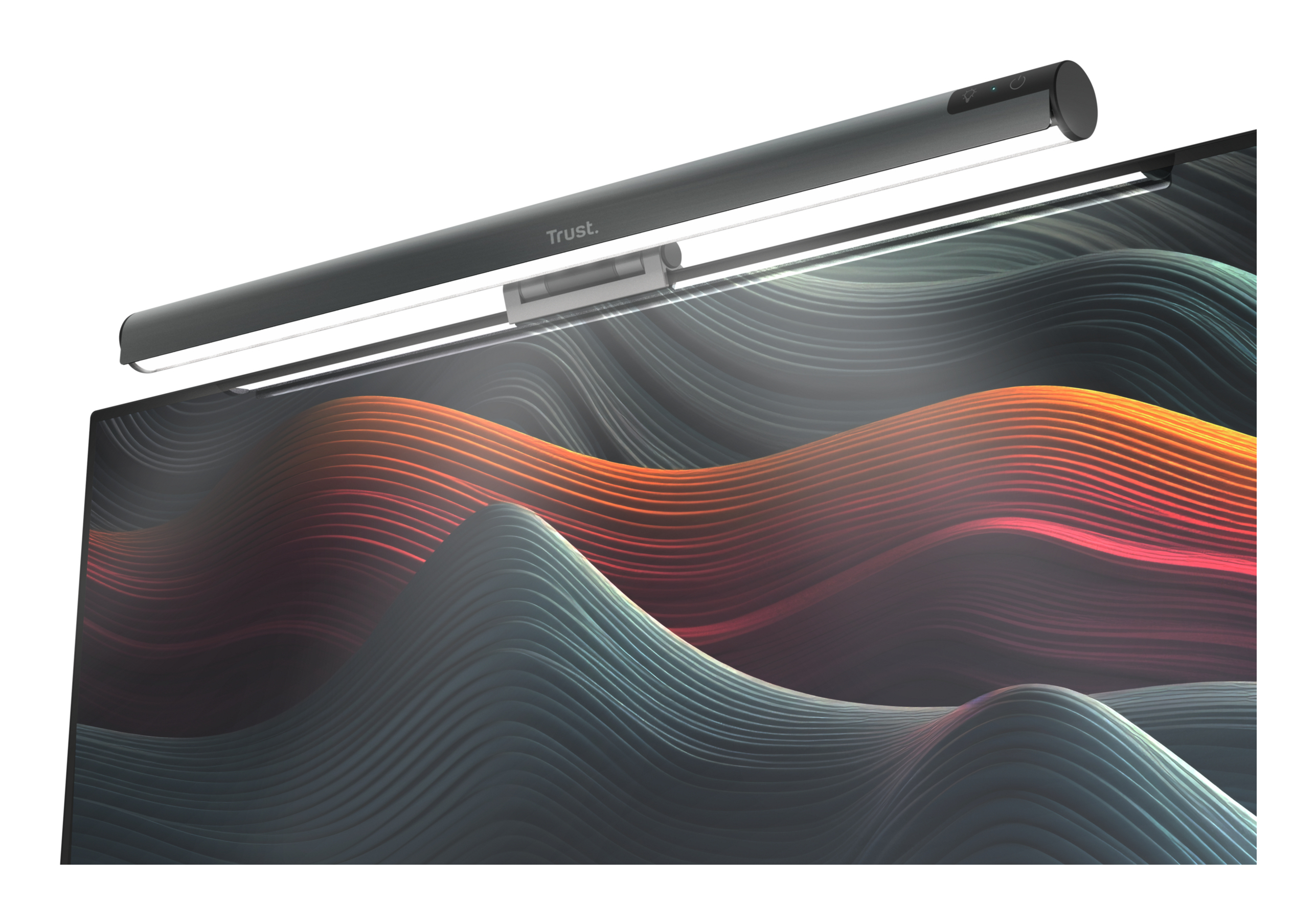 Eine graue Monitorlampe mit Trust-Logo leuchtet über einem Bildschirm mit Wellenmuster.