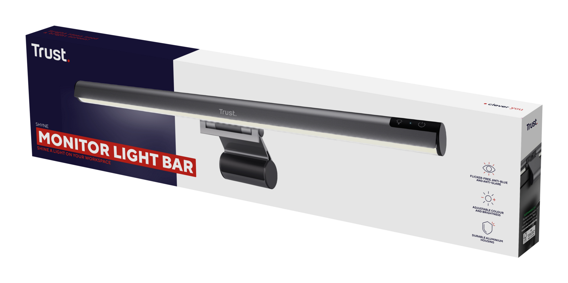Trust SHYNE Monitor Light Bar Verpackung zeigt eine dunkelgraue Lichtleiste mit Bedienelementen.