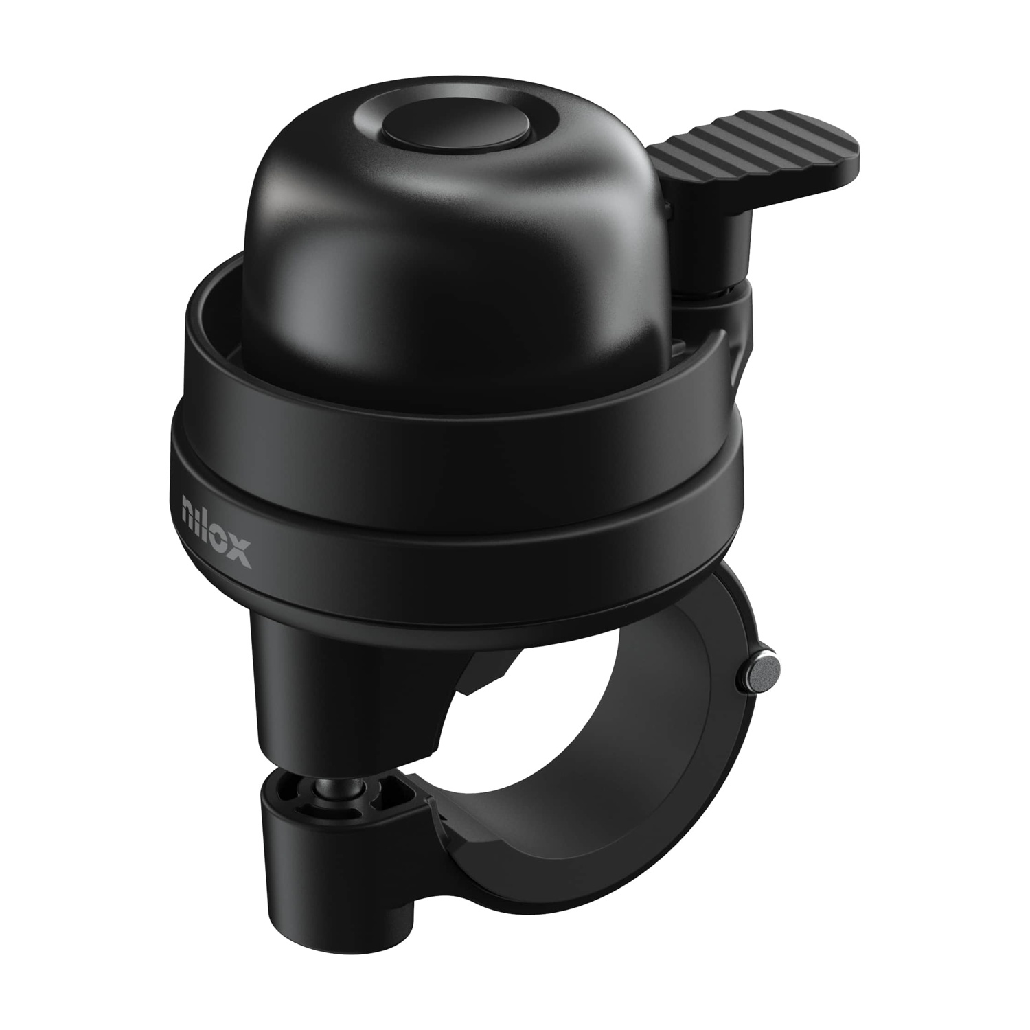 Czarny dzwonek rowerowy z prążkowaną dźwignią na białym tle.