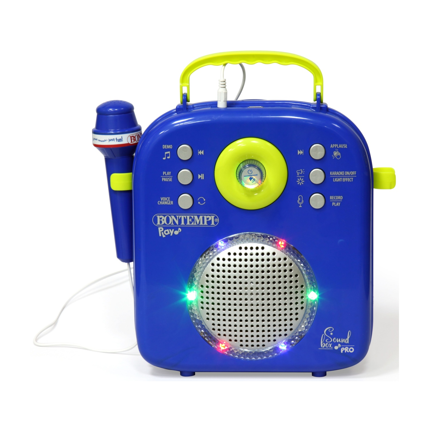 Lettore karaoke portatile blu con microfono, altoparlante e luci colorate.