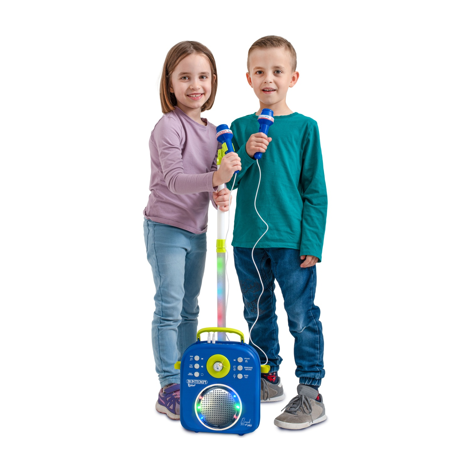 Bambina e bambino con microfoni e music box.