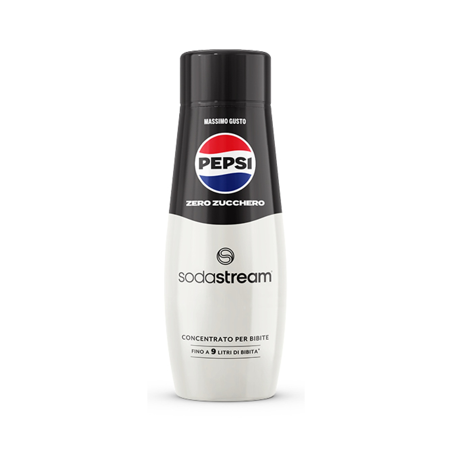 Sciroppo Pepsi Zero Zuccheri Sodastream in bottiglia bianca con tappo nero.