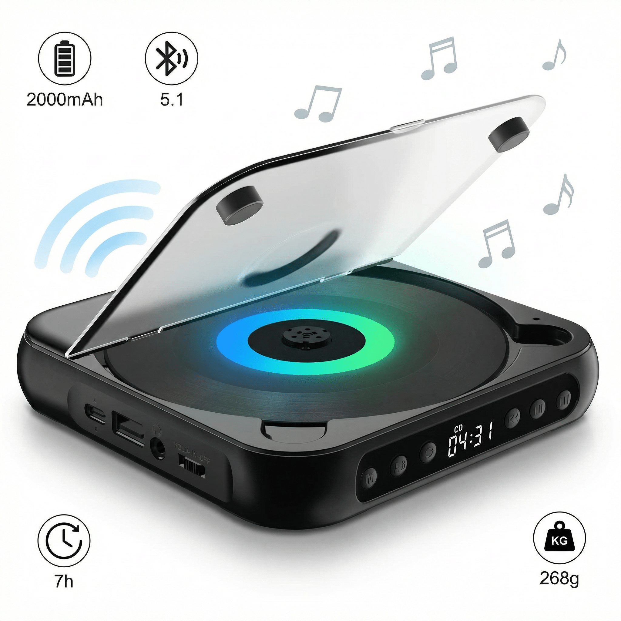 Schwarzer CD-Player mit geöffnetem Deckel, beleuchtetem Plattenteller und Musiknoten.
