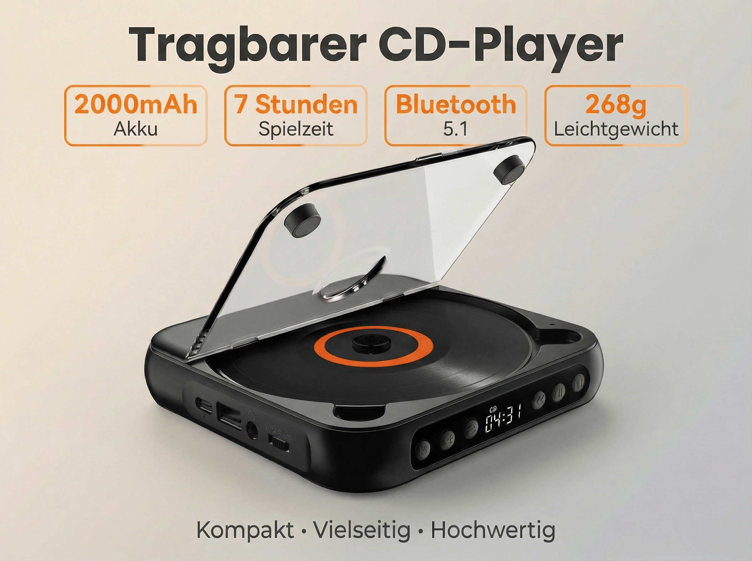Schwarzer tragbarer CD-Player mit geöffnetem Deckel, CD eingelegt.