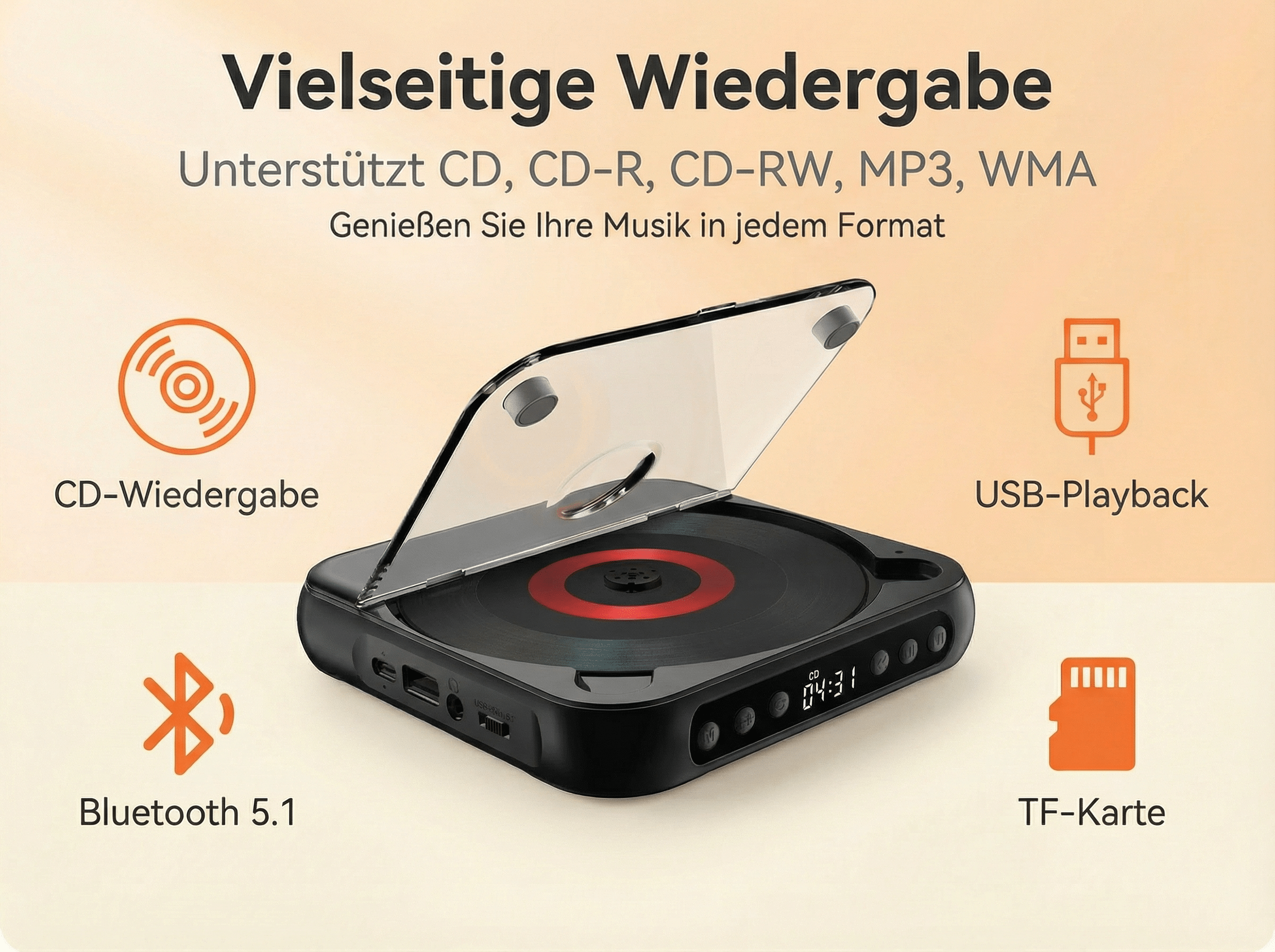 Schwarzer CD-Player mit offenem Deckel, zeigt Wiedergabefunktionen an.