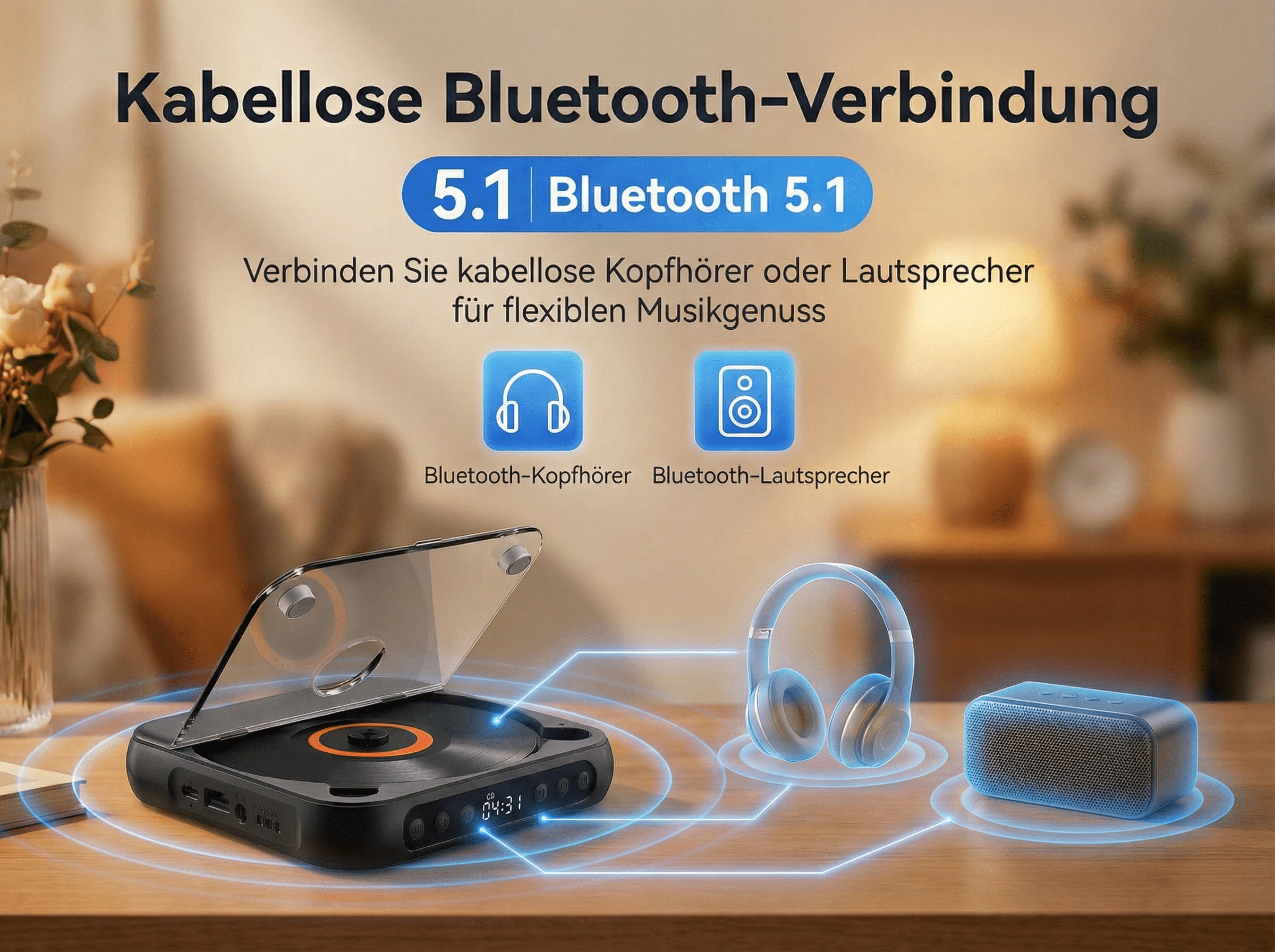CD-Player mit Kopfhörern und Lautsprecher, Bluetooth 5.1.
