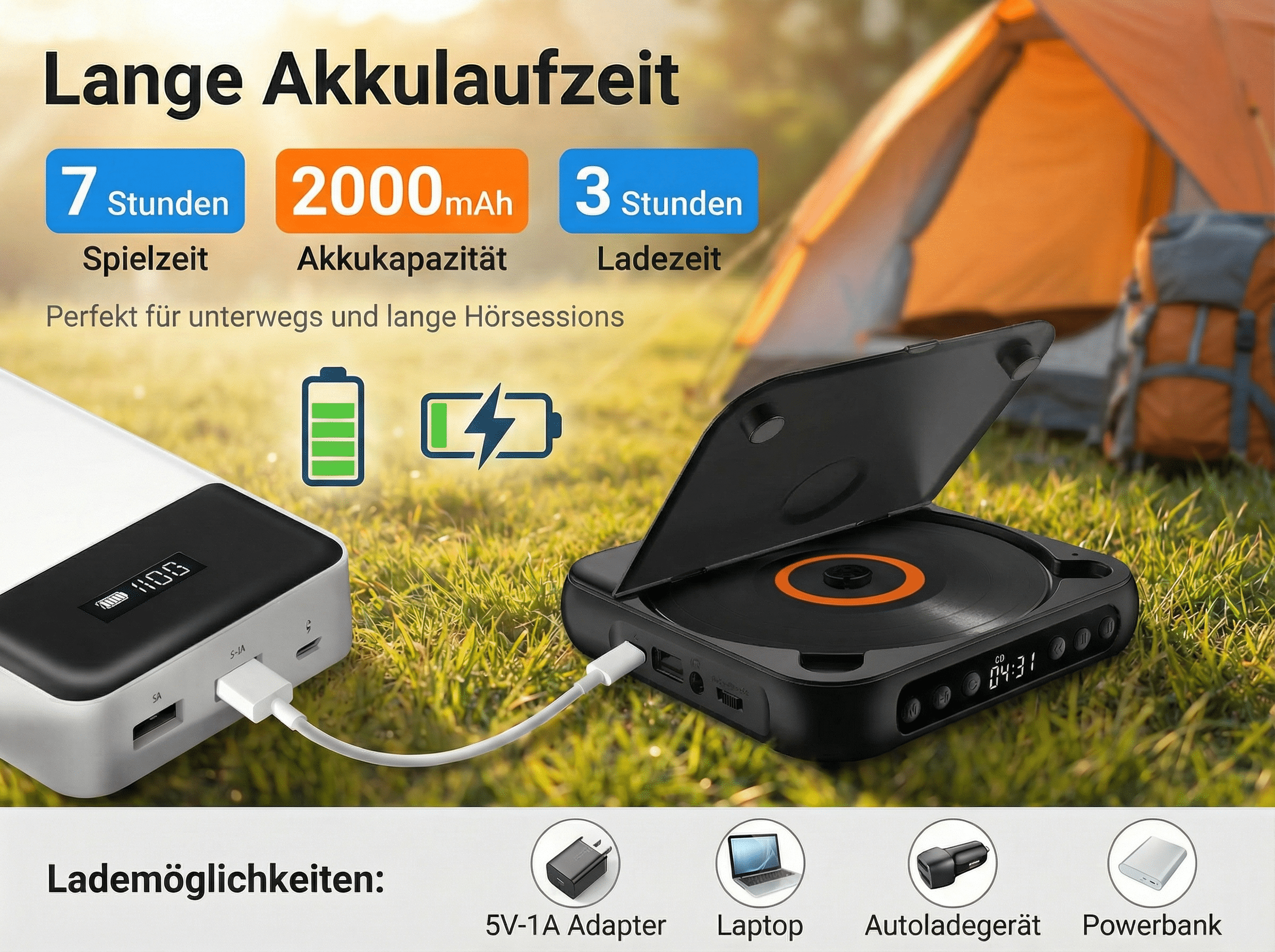 Tragbarer CD-Player mit Powerbank in der Natur, nahe einem Zelt.
