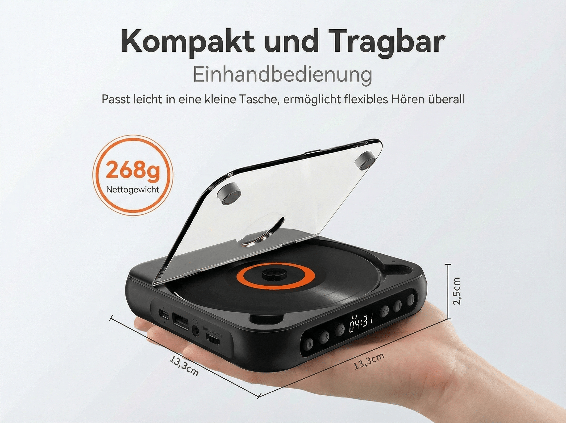 Schwarzer, kompakter CD-Player auf einer Hand, wiegt 268g. Maße 13,3x13,3x2,5cm.