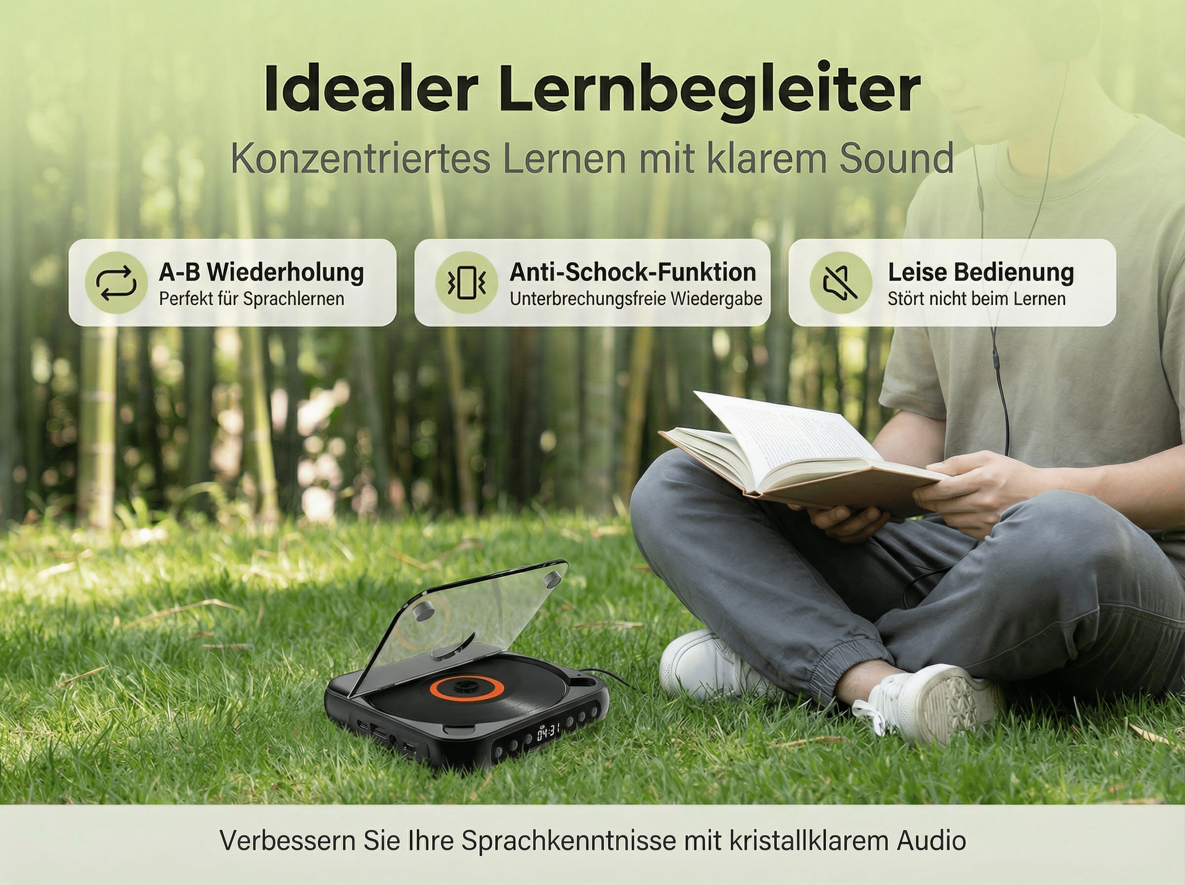 Ein Mann sitzt im Gras und liest ein Buch neben einem CD-Player.