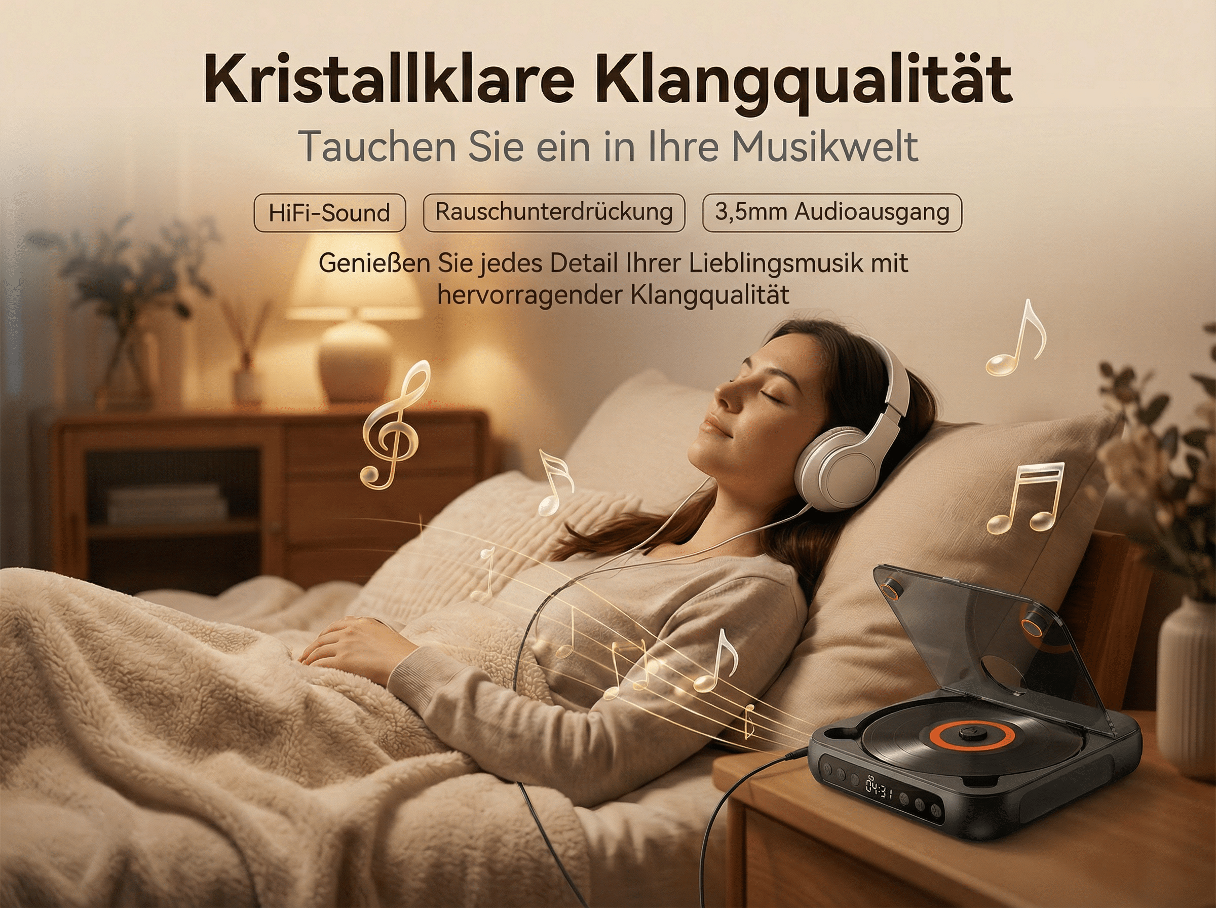 Frau mit Kopfhörern liegt im Bett und hört Musik von einem Plattenspieler.