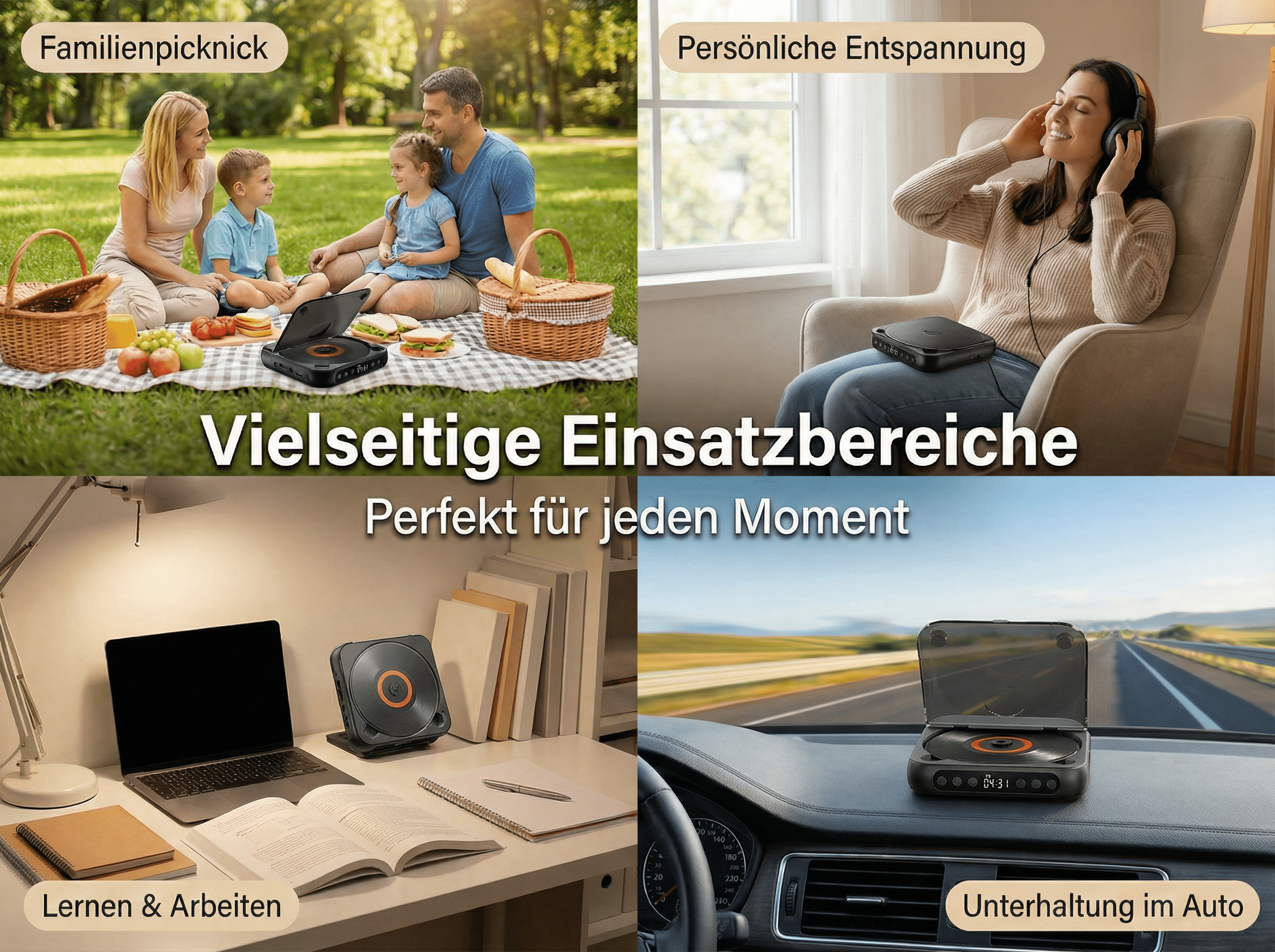 Ein tragbarer CD-Player wird in vier Szenarien gezeigt: Picknick, Entspannung, Arbeit und Auto.