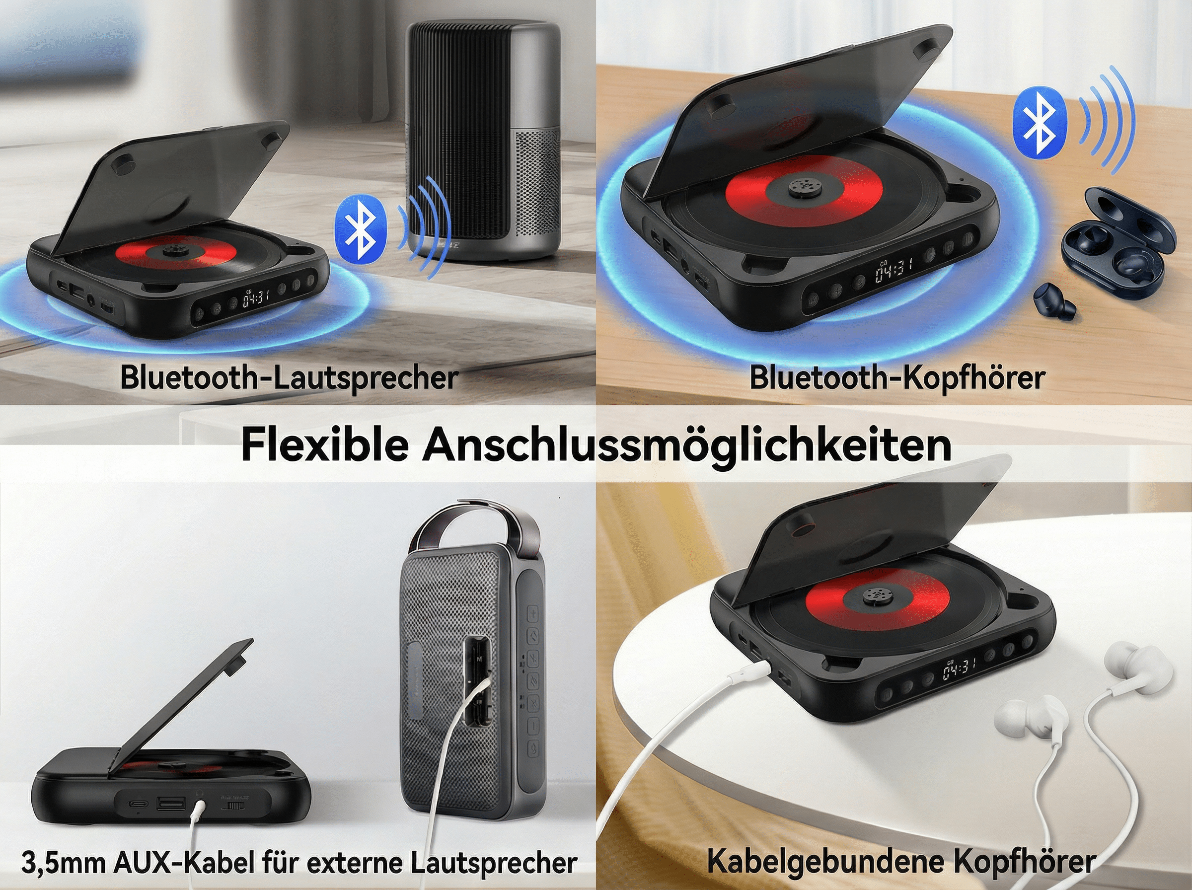 CD-Player mit Bluetooth-Lautsprecher und Kopfhörern.