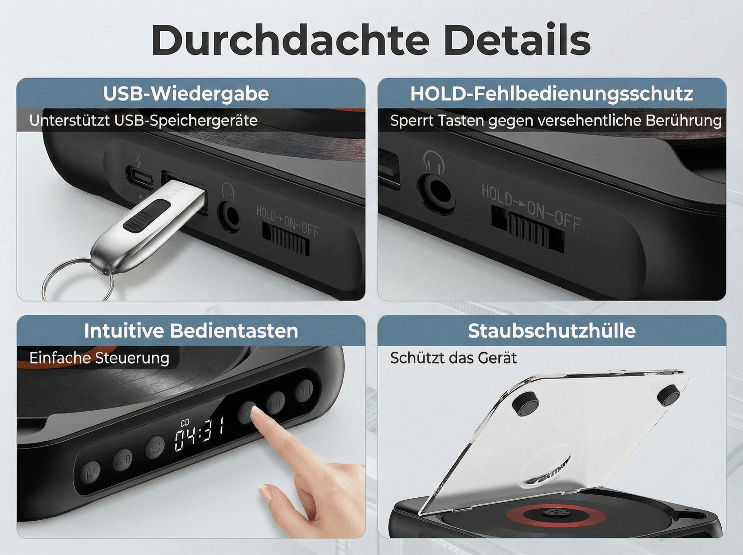 Ein CD-Player mit USB-Anschluss, Bedienfeldern und Staubschutzhaube.