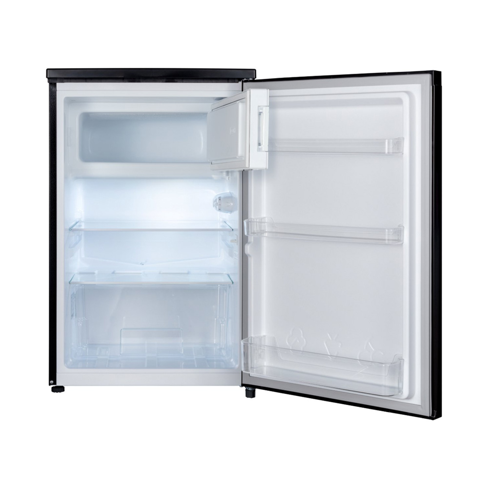 An open, empty refrigerator with glass shelves and door compartments.