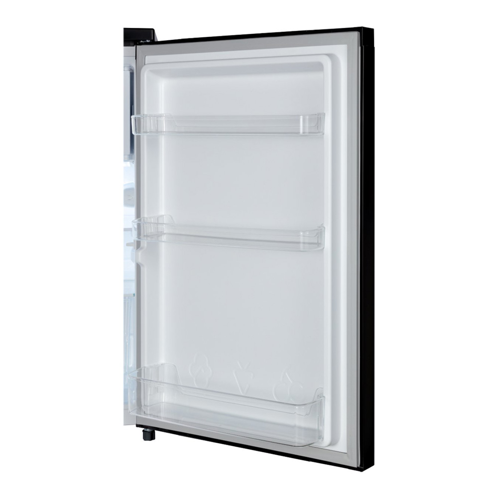 Interior view of an open refrigerator with clear shelves on the door.