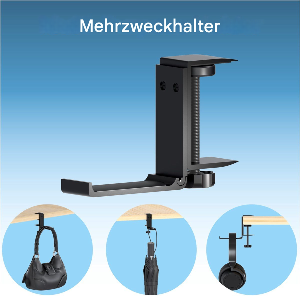 Ein schwarzer Halter mit Schraubklemme, der an einem Schreibtisch befestigt ist. Er hält eine Handtasche, einen Regenschirm und Kopfhörer.