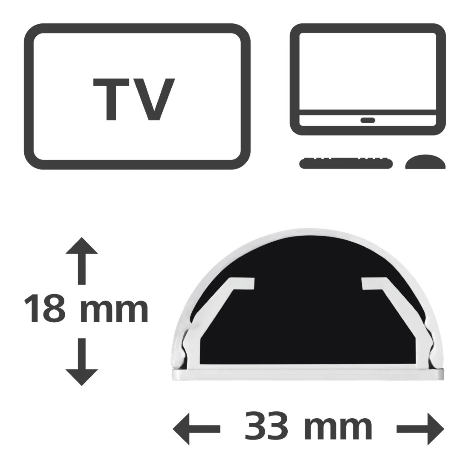 Illustration von TV, Computer, Maus, Tastatur und Querschnitt mit Maßen.