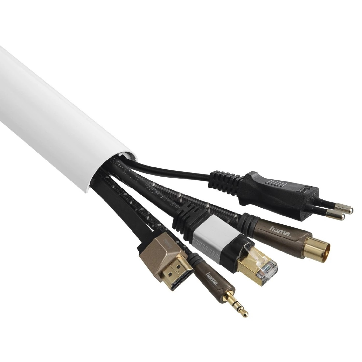Ein weißer Kabelkanal mit verschiedenen Kabeln, darunter HDMI, Ethernet und Strom.