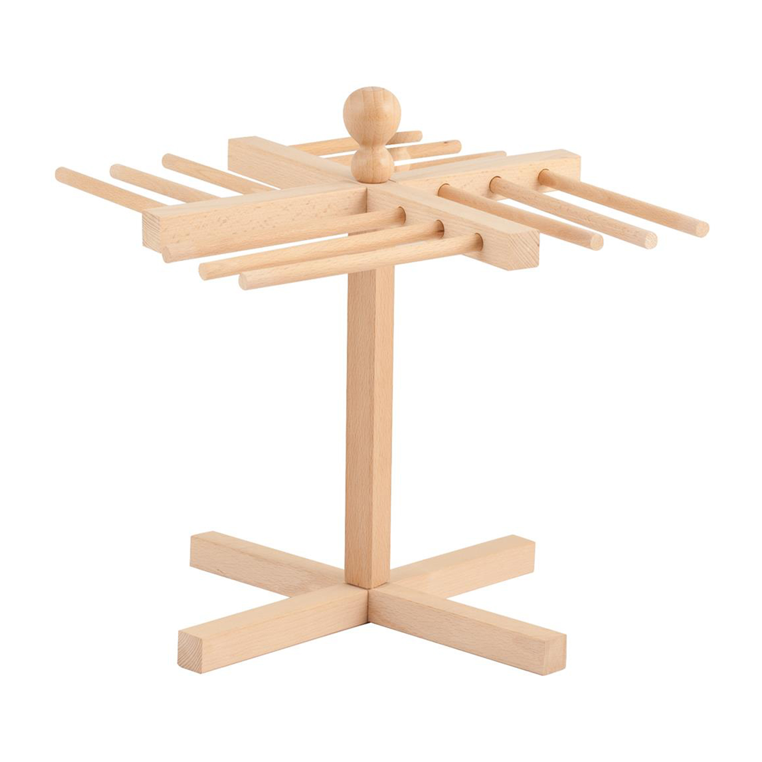 Un escurridor de pasta de madera con brazos para colgar pasta.