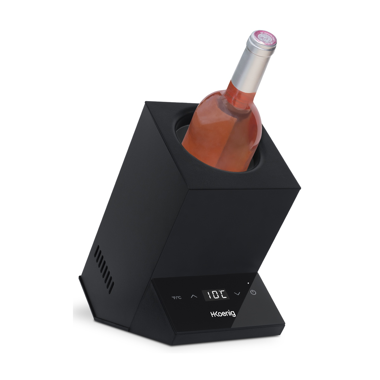 Schwarzer Flaschenkühlhalter mit einer Flasche Roséwein und digitaler Temperaturanzeige.