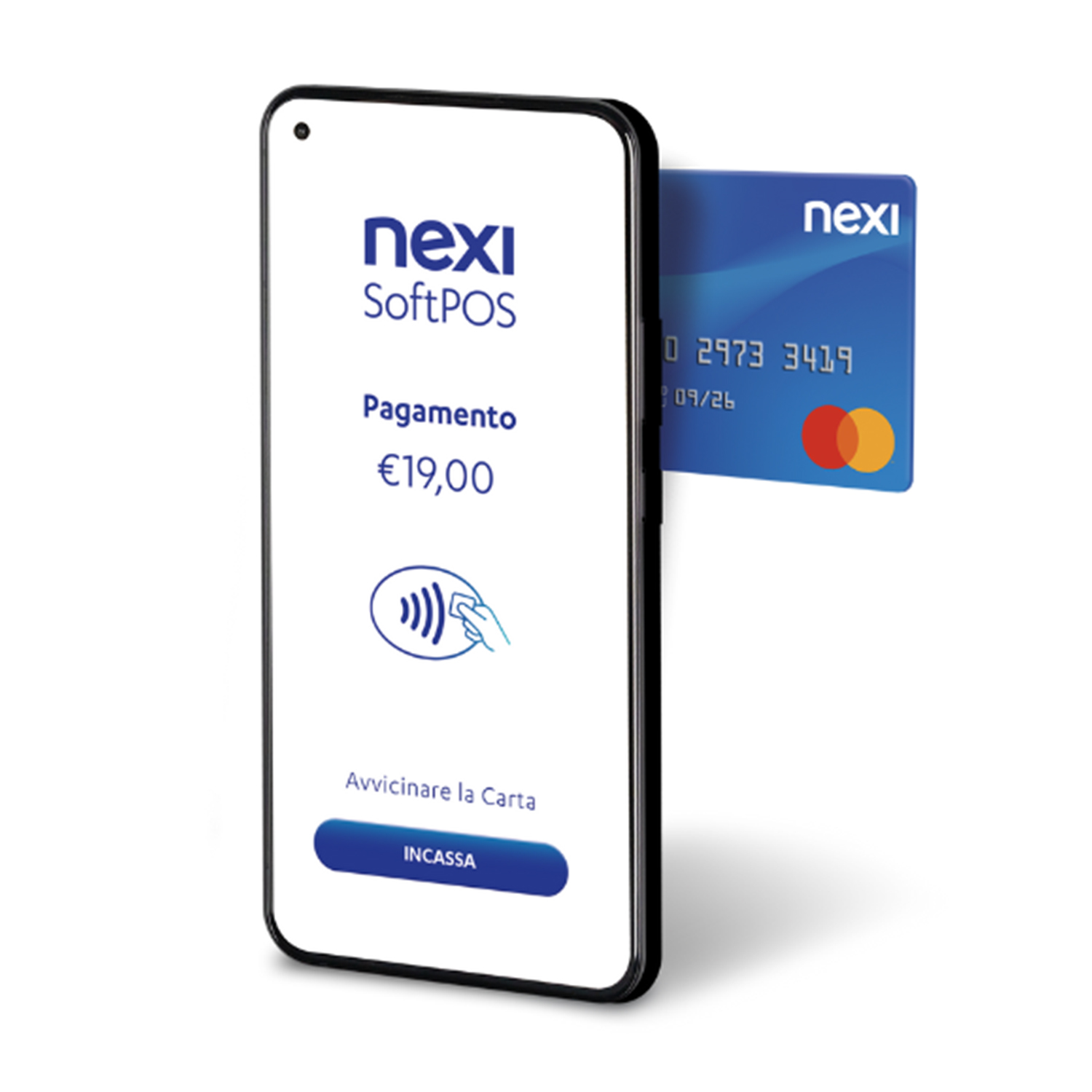 Uno smartphone mostra un pagamento di 19 €, con una carta Nexi accanto.