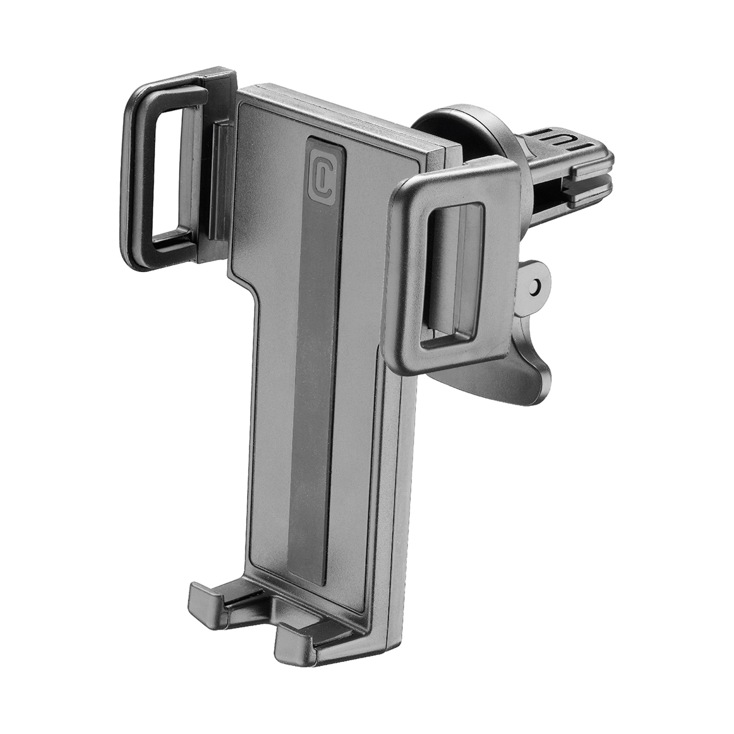 Grauer Handyhalter mit Lüftungsschlitzklemme und verstellbaren Armen.