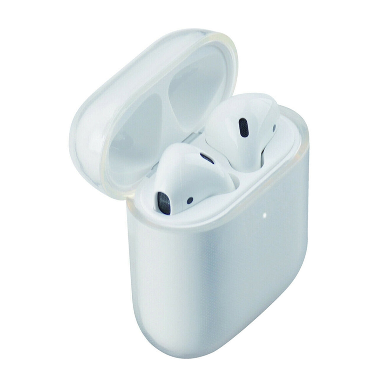 Auricolari wireless bianchi in una custodia di ricarica trasparente aperta.