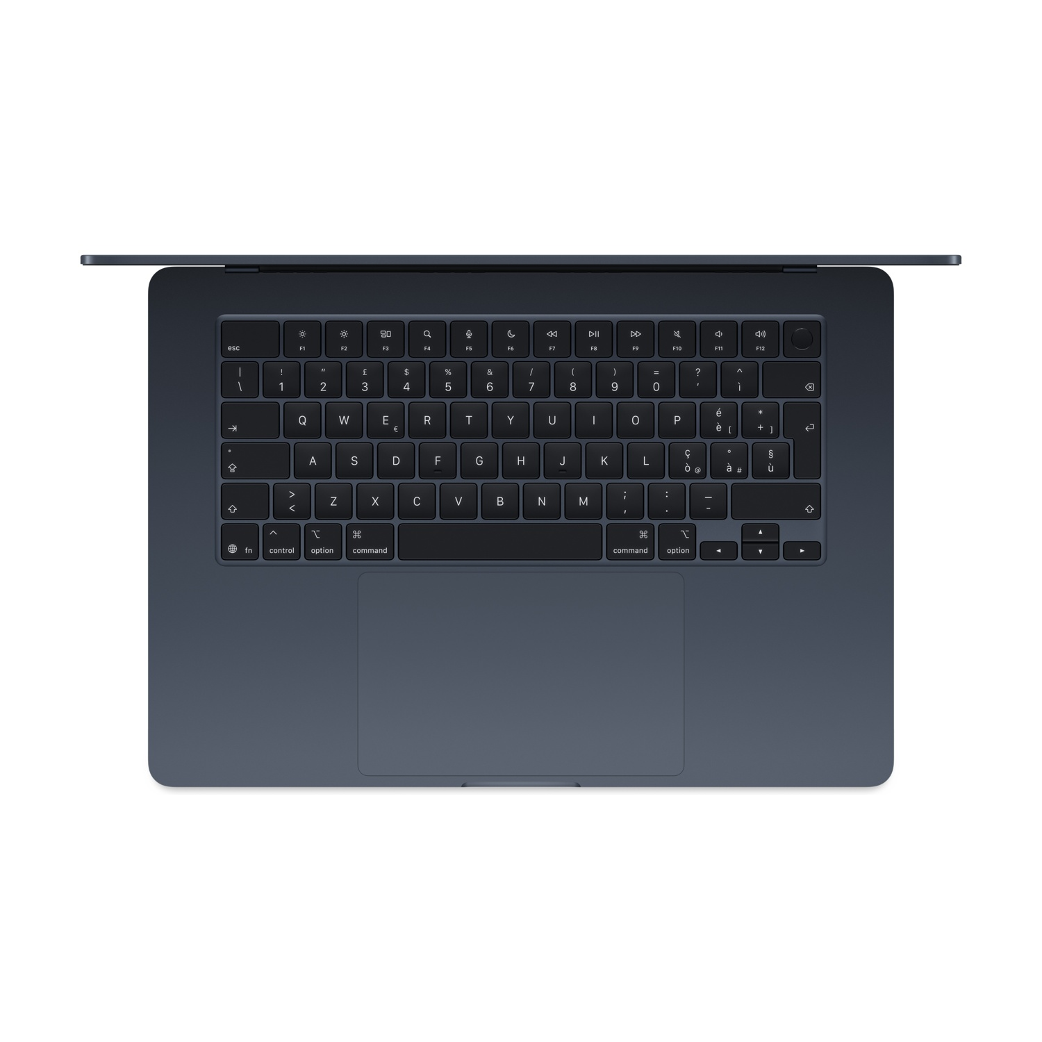 Laptop grigio scuro con coperchio aperto, tastiera e trackpad visibili.