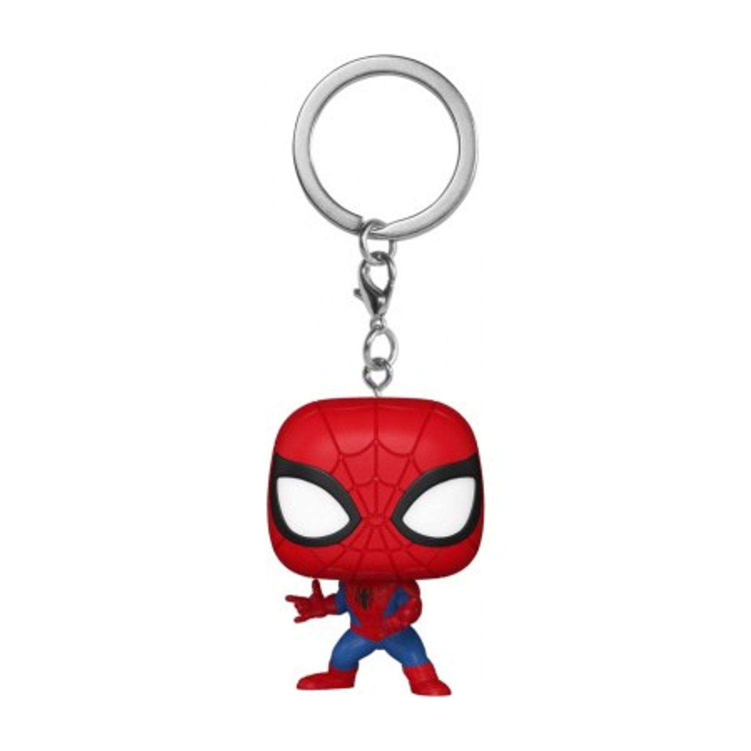 Un portachiavi di Spiderman con tuta rossa e pantaloni blu.