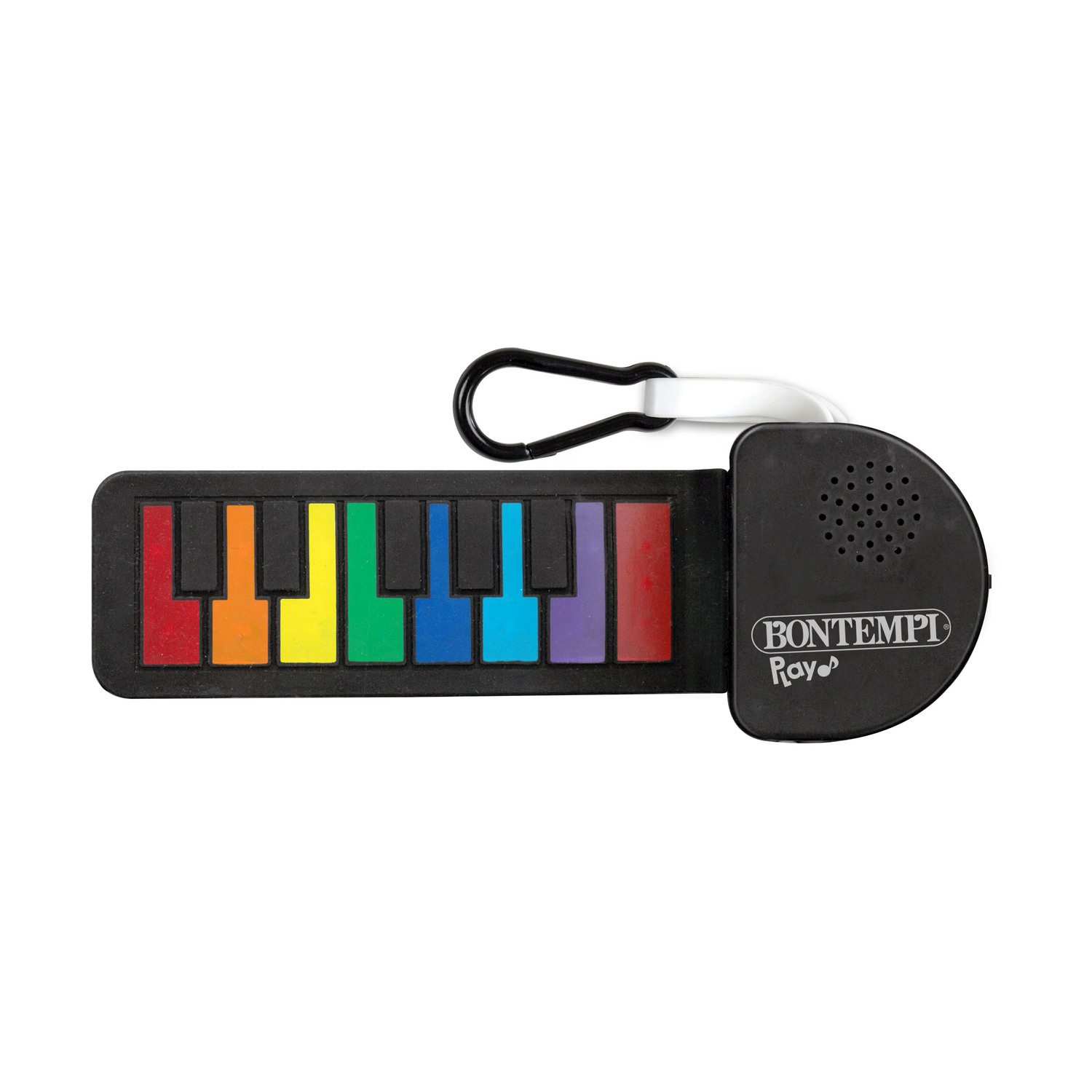 Un pianoforte giocattolo nero con tasti arcobaleno e un attacco per portachiavi.