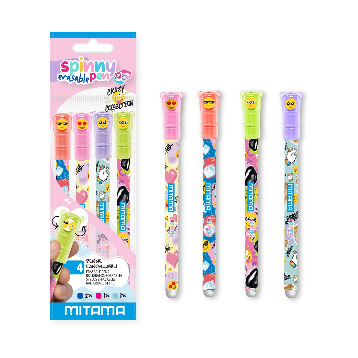 Vier bunte, radierbare Stifte mit Emoji- und Cartoon-Motiven in einer Verpackung.