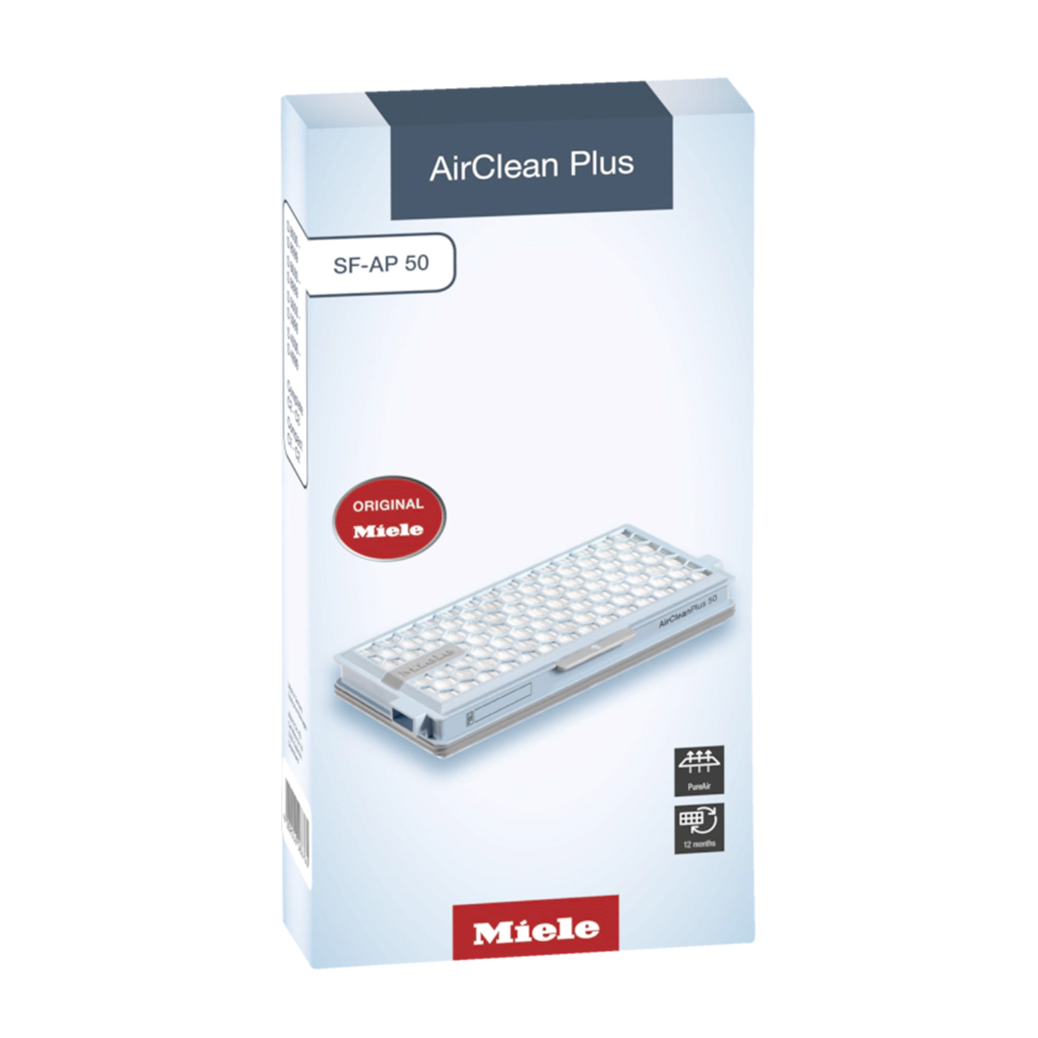 Verpackung eines Miele AirClean Plus SF-AP 50 Filters mit Filter im Inneren.