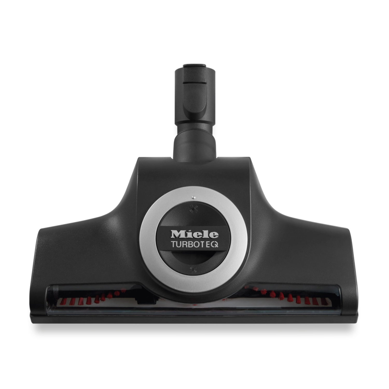 Schwarzer Staubsaugeraufsatz mit "Miele TURBOTECQ"-Logo und rotierenden Bürsten.