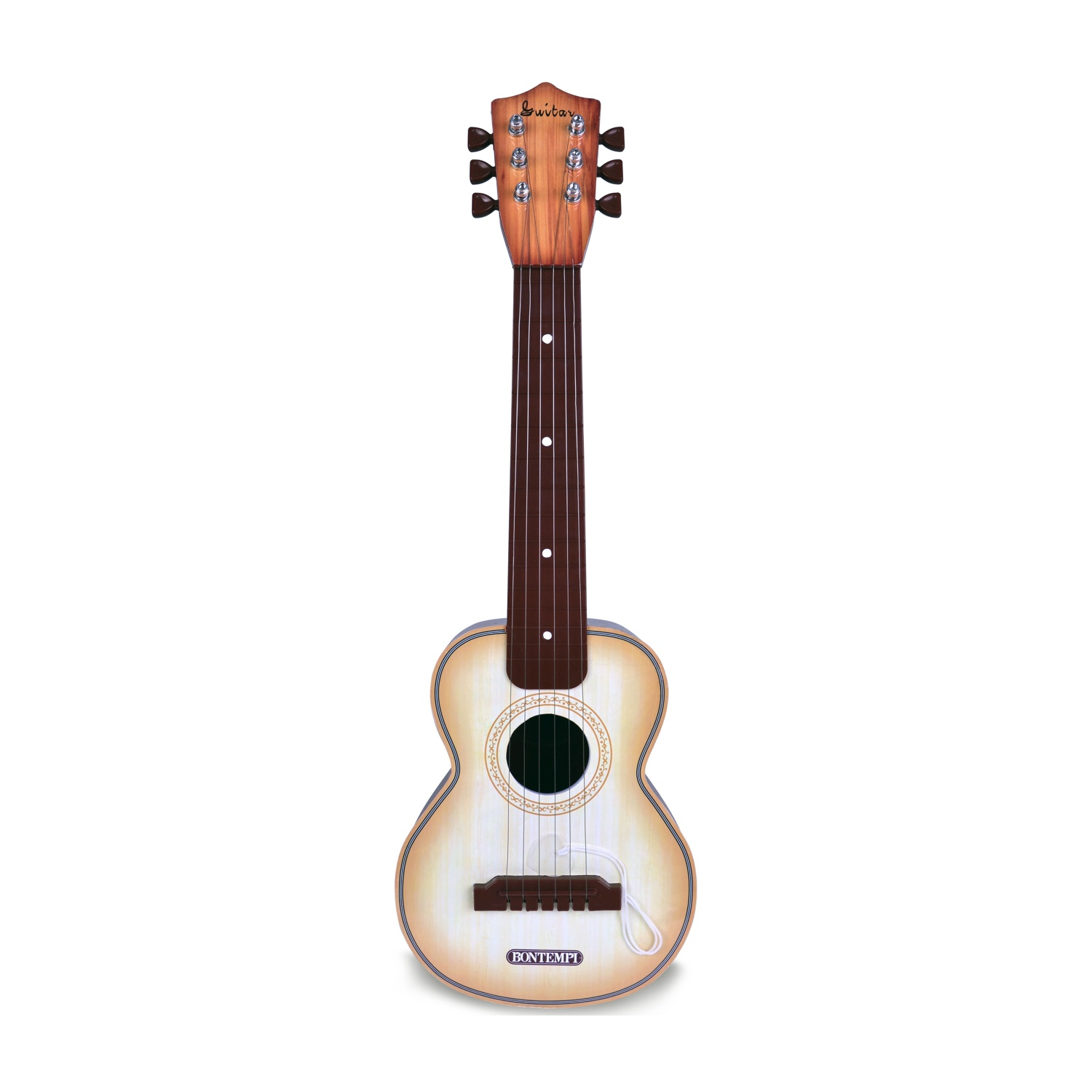 Una chitarra di colore chiaro con sei corde e una tastiera marrone scuro.