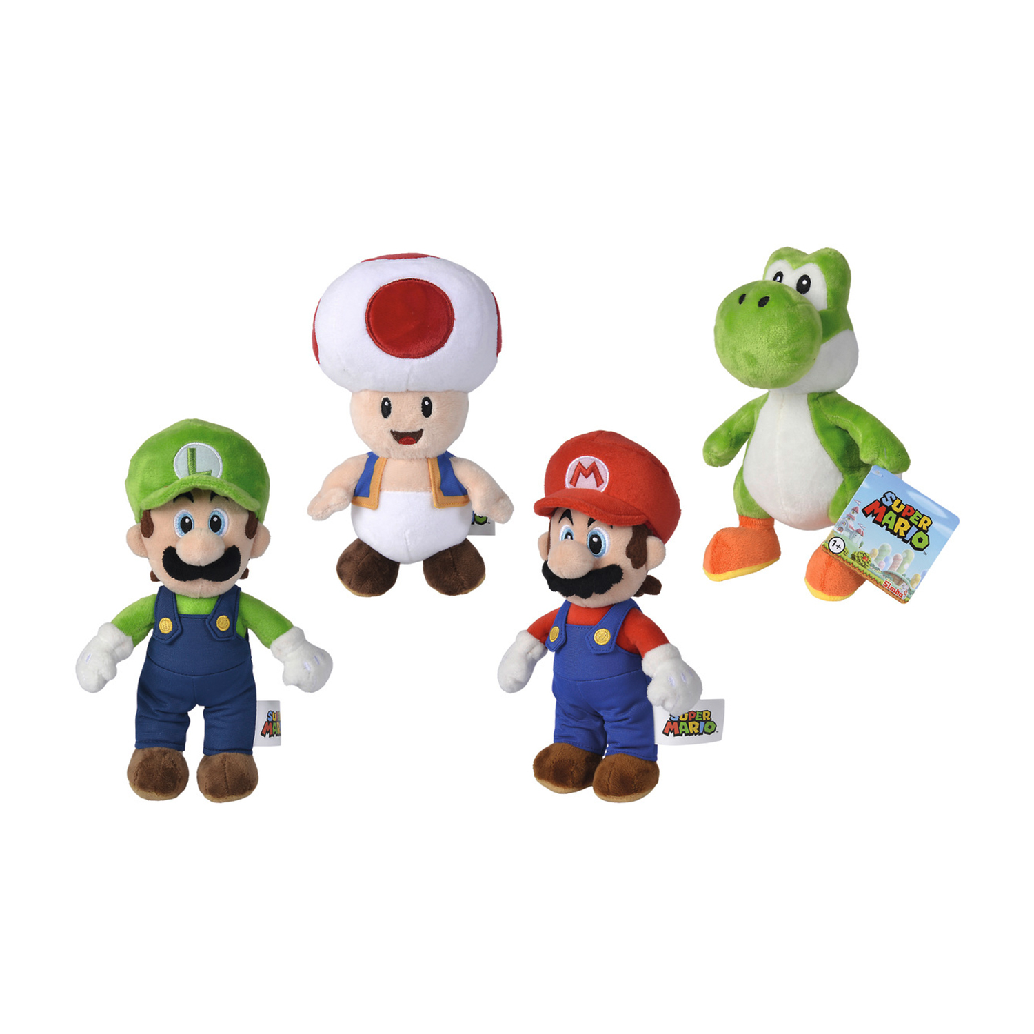 Quattro peluche di Super Mario: Luigi, Toad, Mario e Yoshi.