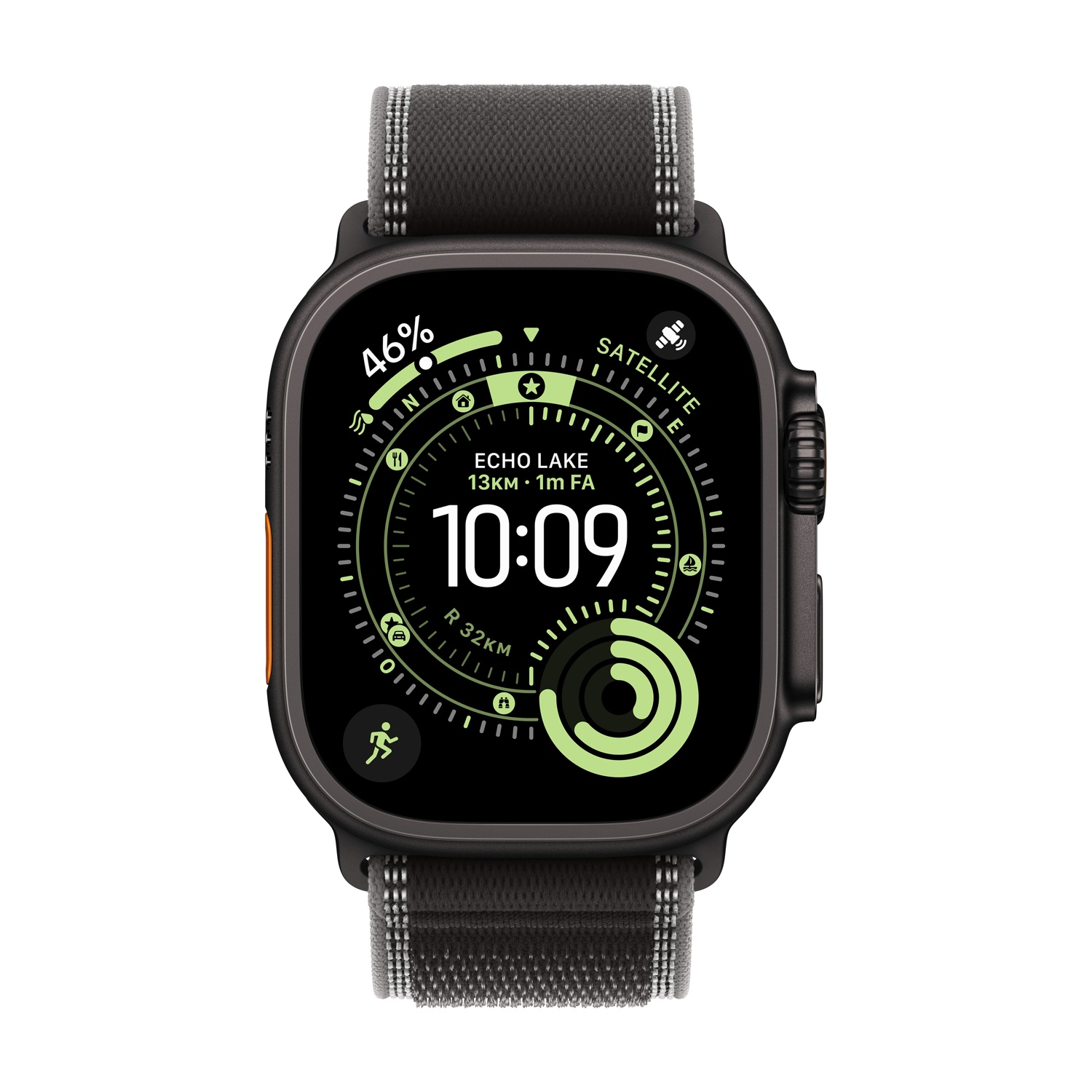 Un reloj inteligente oscuro con banda tejida gris muestra 10:09, 46% de batería e info de Echo Lake.
