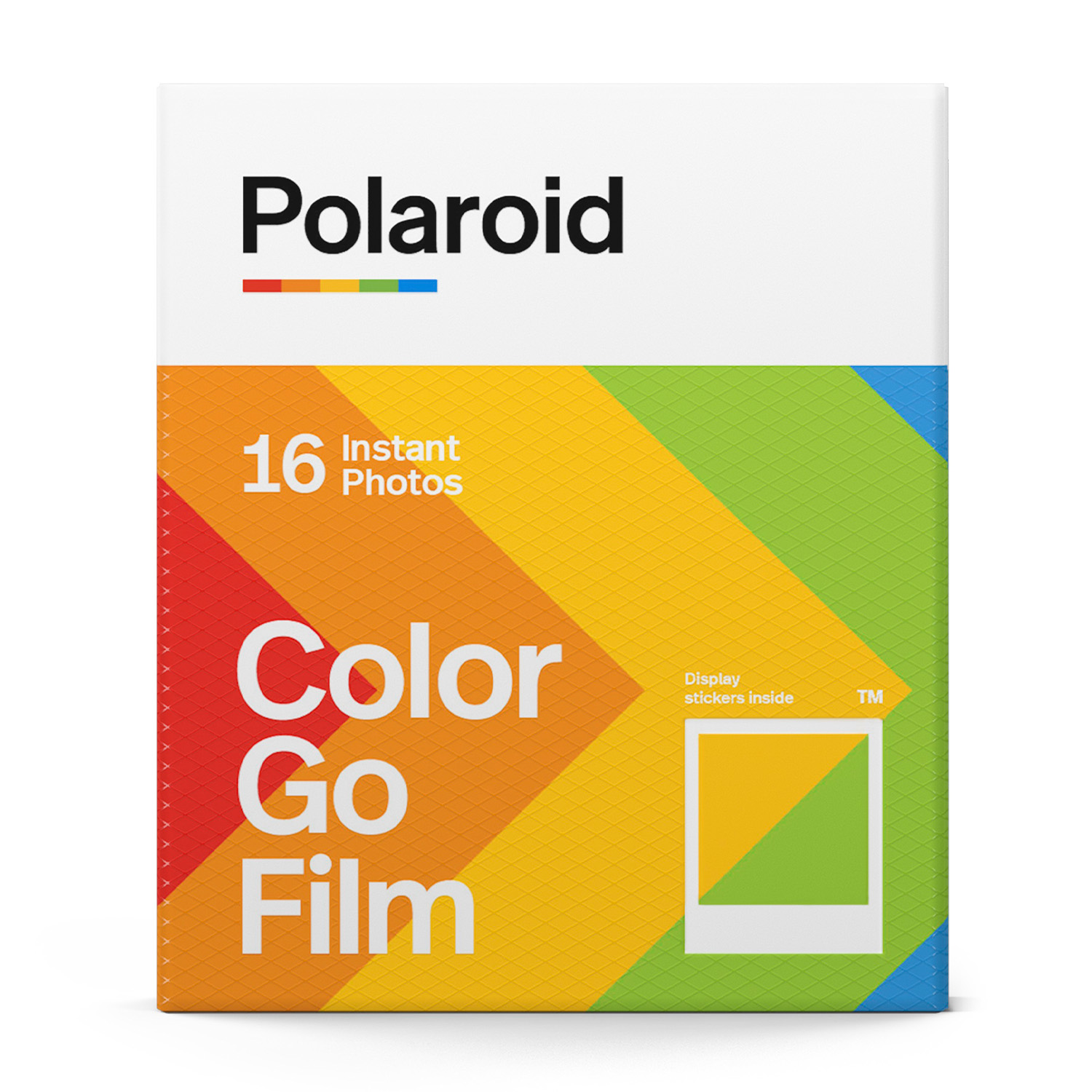 Polaroid Color Go Film Verpackung mit Streifen in Rot, Orange, Gelb, Grün und Blau.