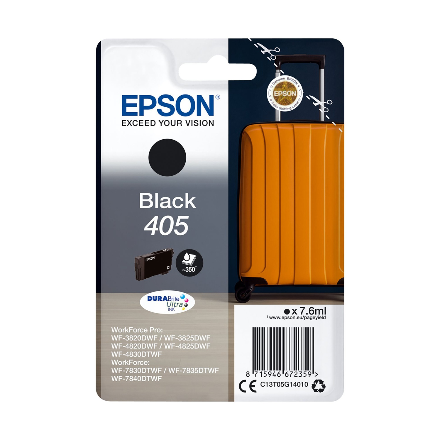 Epson 405 schwarze Tinte, mit Koffer-Design und Druckerlisten.