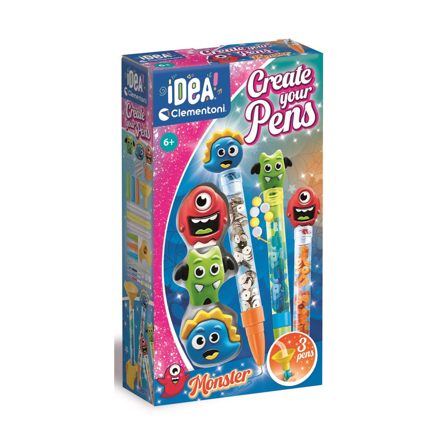 Opakowanie zestawu do tworzenia długopisów z potworami i kolorowymi elementami.